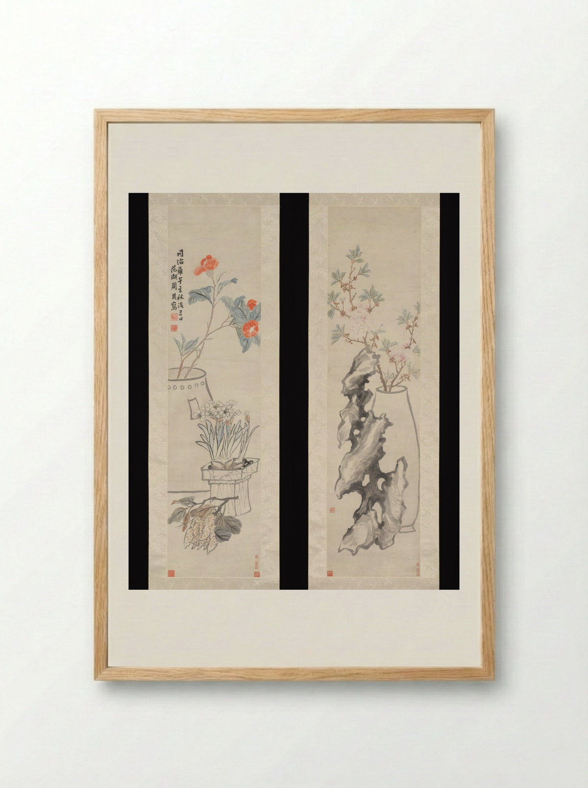 Flowers: (a) Peach-blossom and Spiritual Stone; (b) Camellia, Narcissus and Buddha's Hand - Zhou Cunbo - Framed Print Wood
