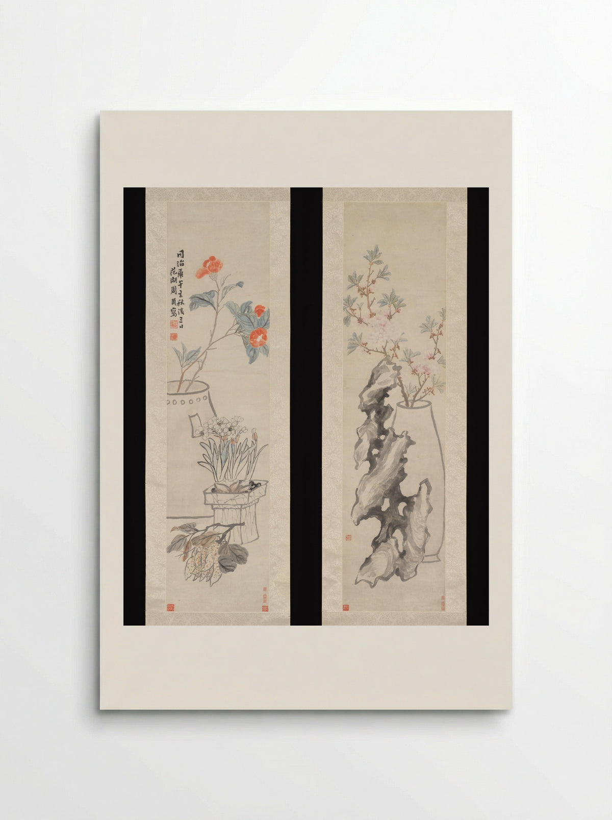 Flowers: (a) Peach-blossom and Spiritual Stone; (b) Camellia, Narcissus and Buddha's Hand - Zhou Cunbo - Poster