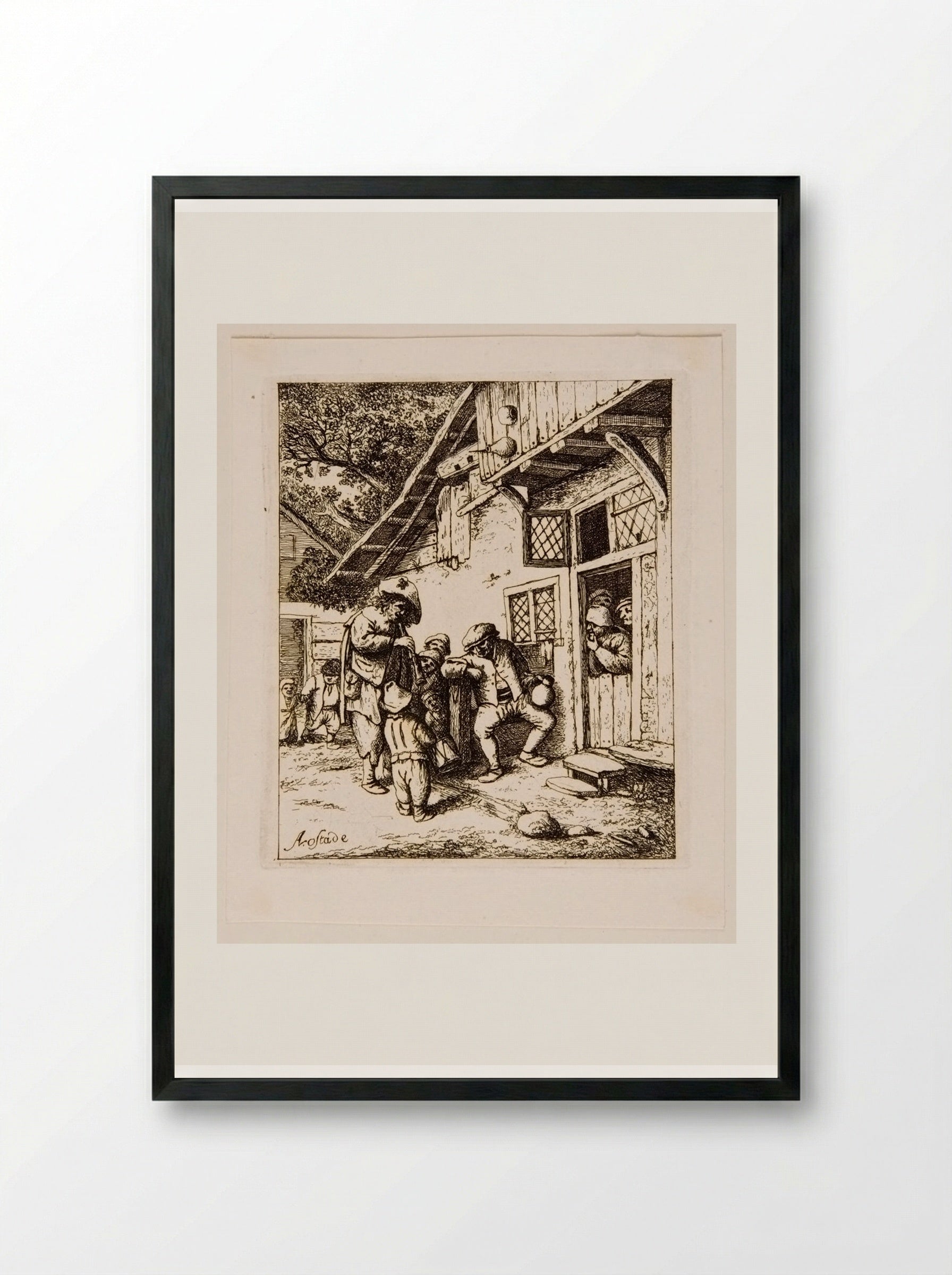 Flute Player and Drummer Boy in front of a House - David Deuchar - Framed Print Black
