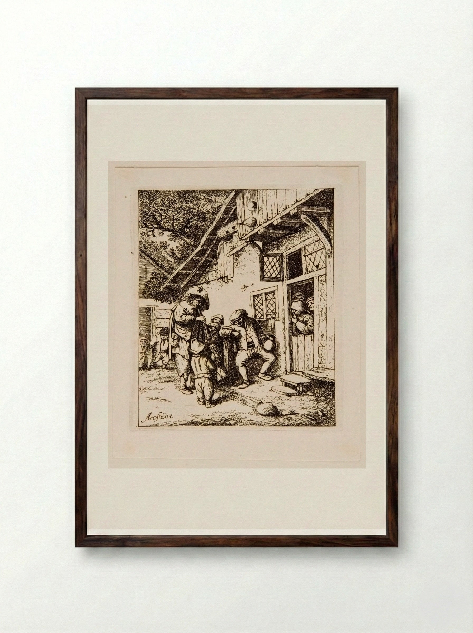 Flute Player and Drummer Boy in front of a House - David Deuchar - Framed Print Dark Wood