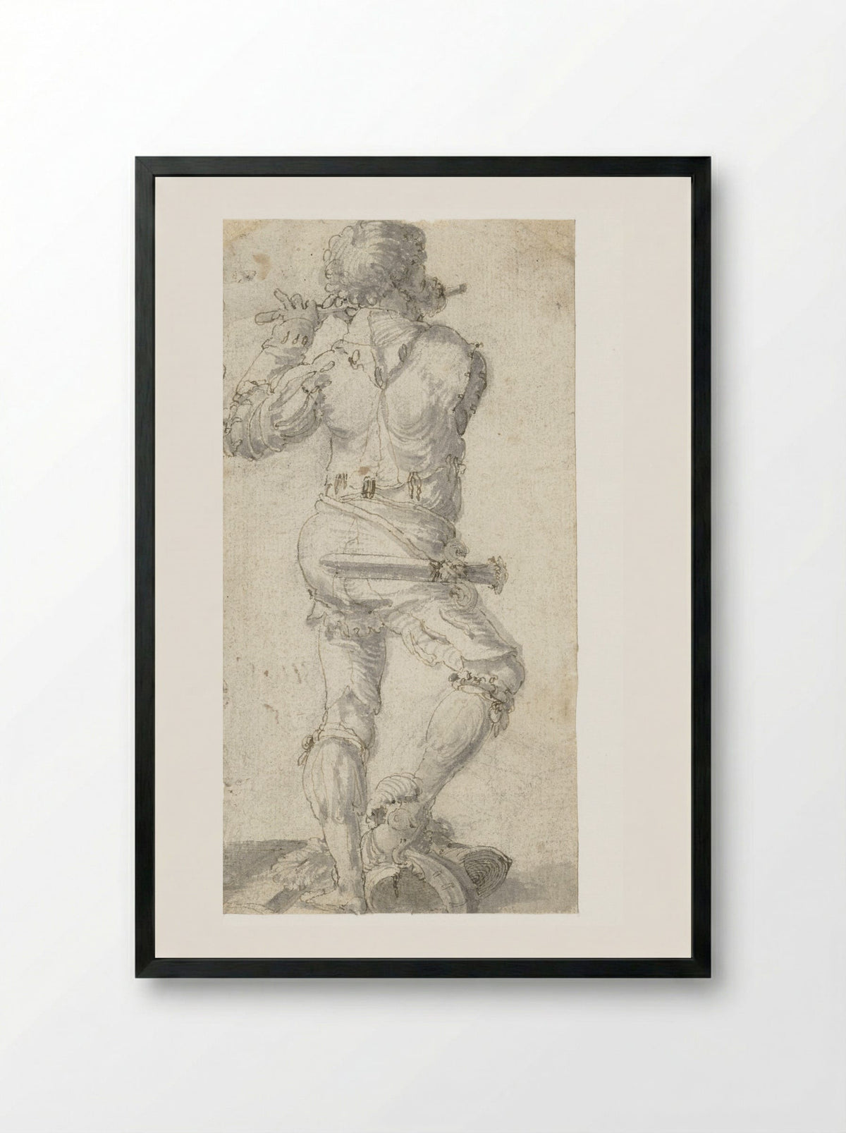 Flute Player with Right Foot on a Helmet, Seen from the Back - Aertgen Claesz. van Leyden - Framed Print Black