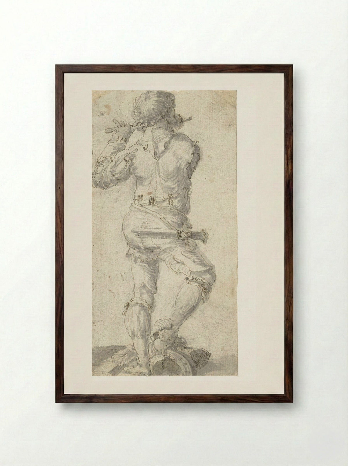 Flute Player with Right Foot on a Helmet, Seen from the Back - Aertgen Claesz. van Leyden - Framed Print Dark Wood