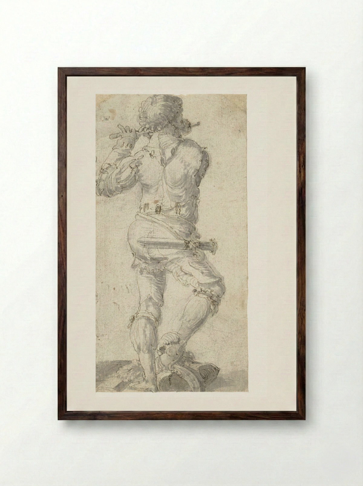 Flute Player with Right Foot on a Helmet, Seen from the Back - Aertgen Claesz. van Leyden - Framed Print Dark Wood