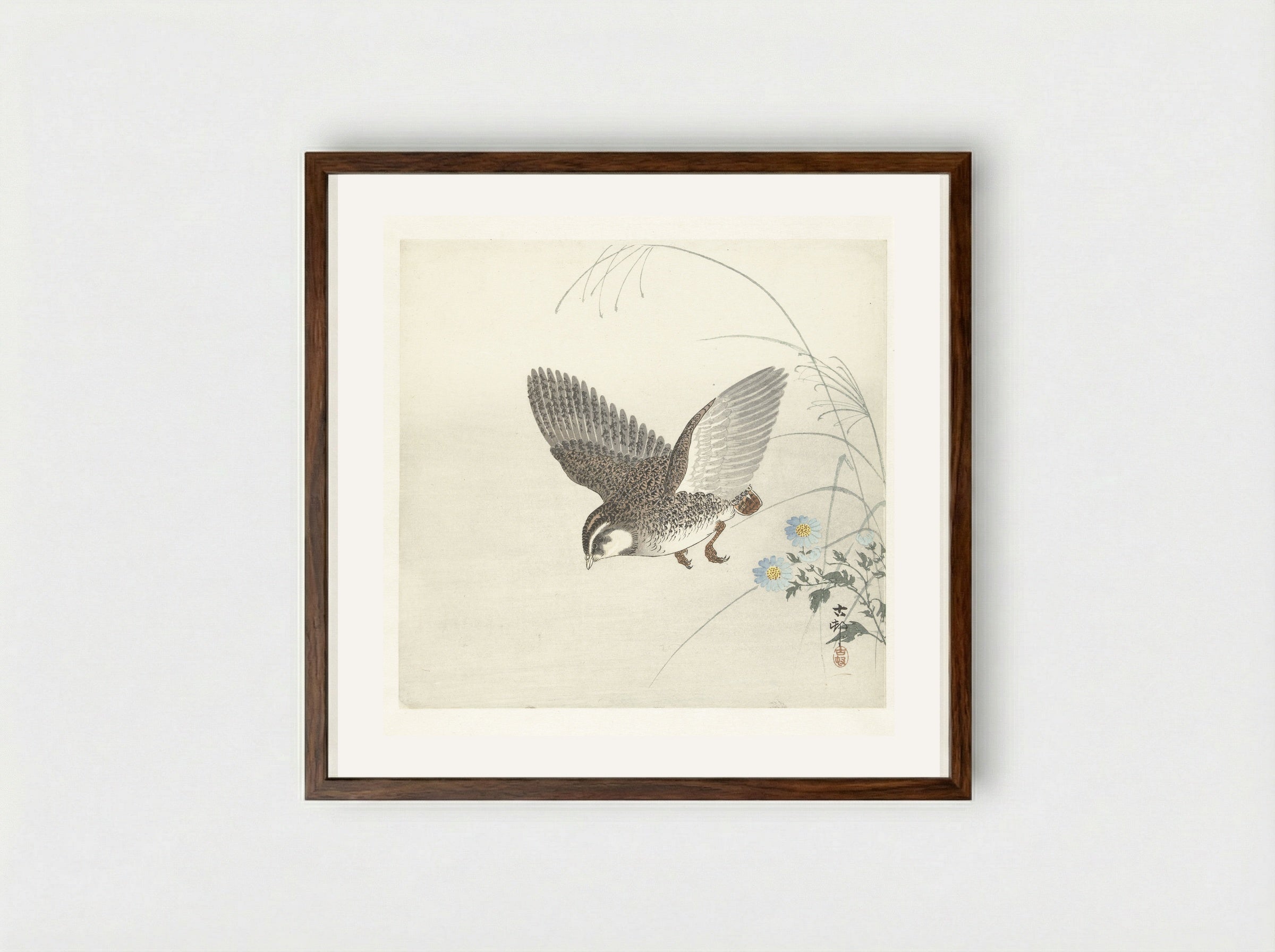 Flying Quail - Matsuki Heikichi - Framed Print Dark Wood