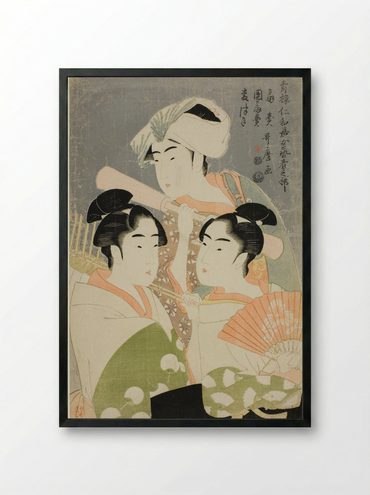 Folding Fan Seller, Round Fan Seller, and Barley Pounder - Kitagawa Utamaro - Framed Print Black