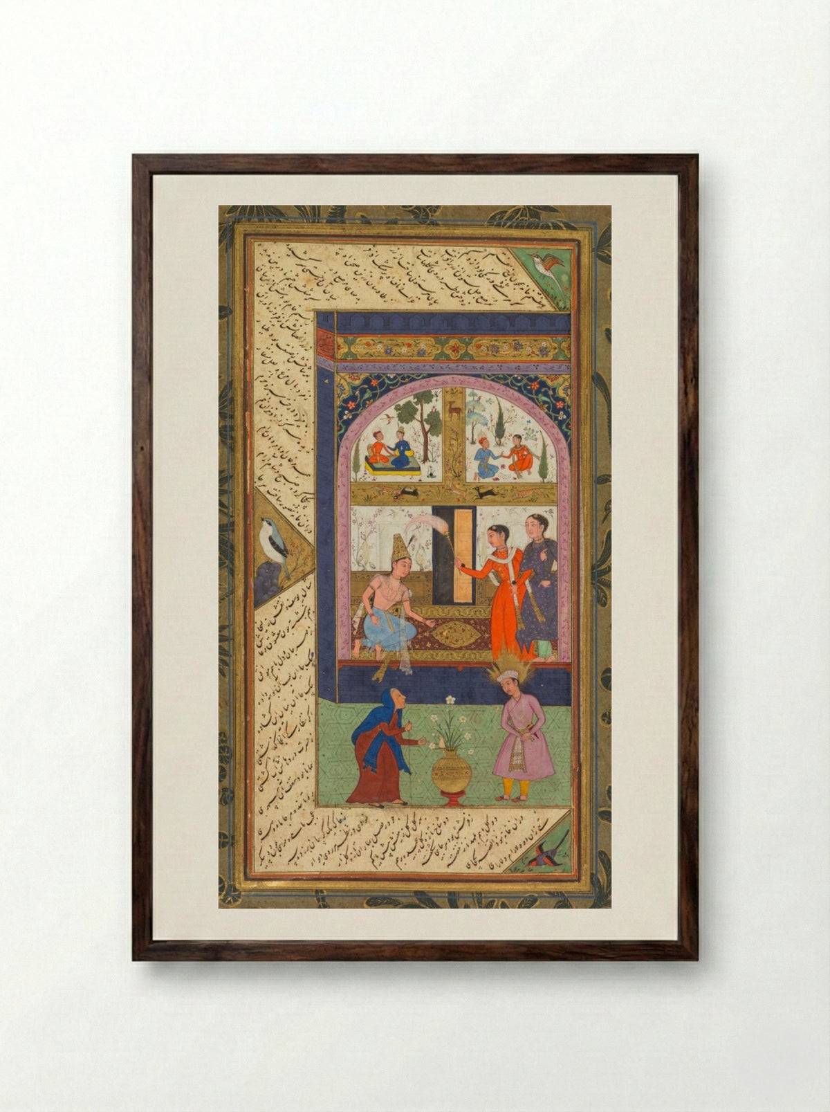 Folios A and B from the Five Treasures (Panj Ganj) of Jami - Mushfiq - Framed Print Dark Wood