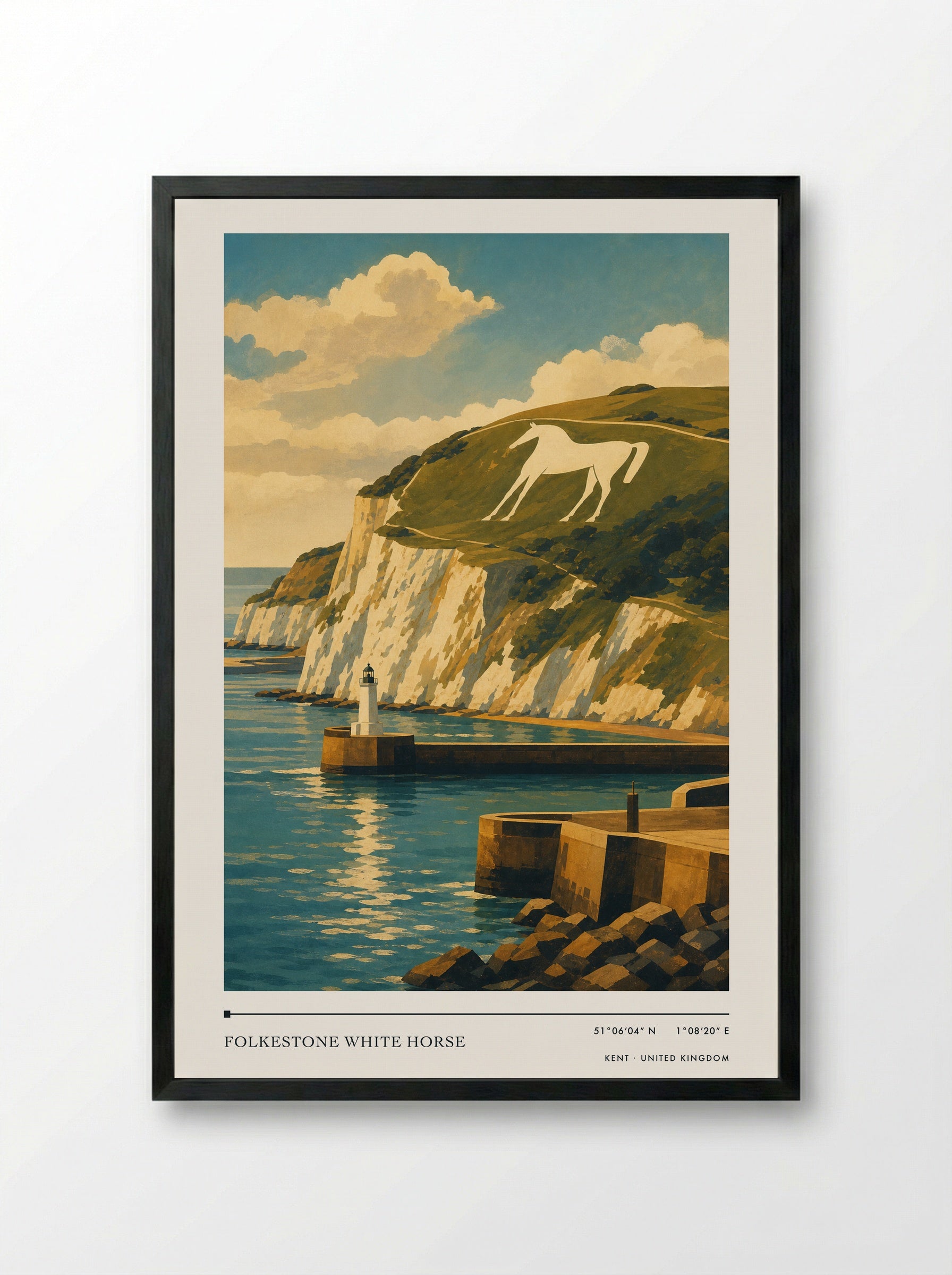 Folkestone White Horse Kent United Kingdom Travel Poster - Framed Print Black