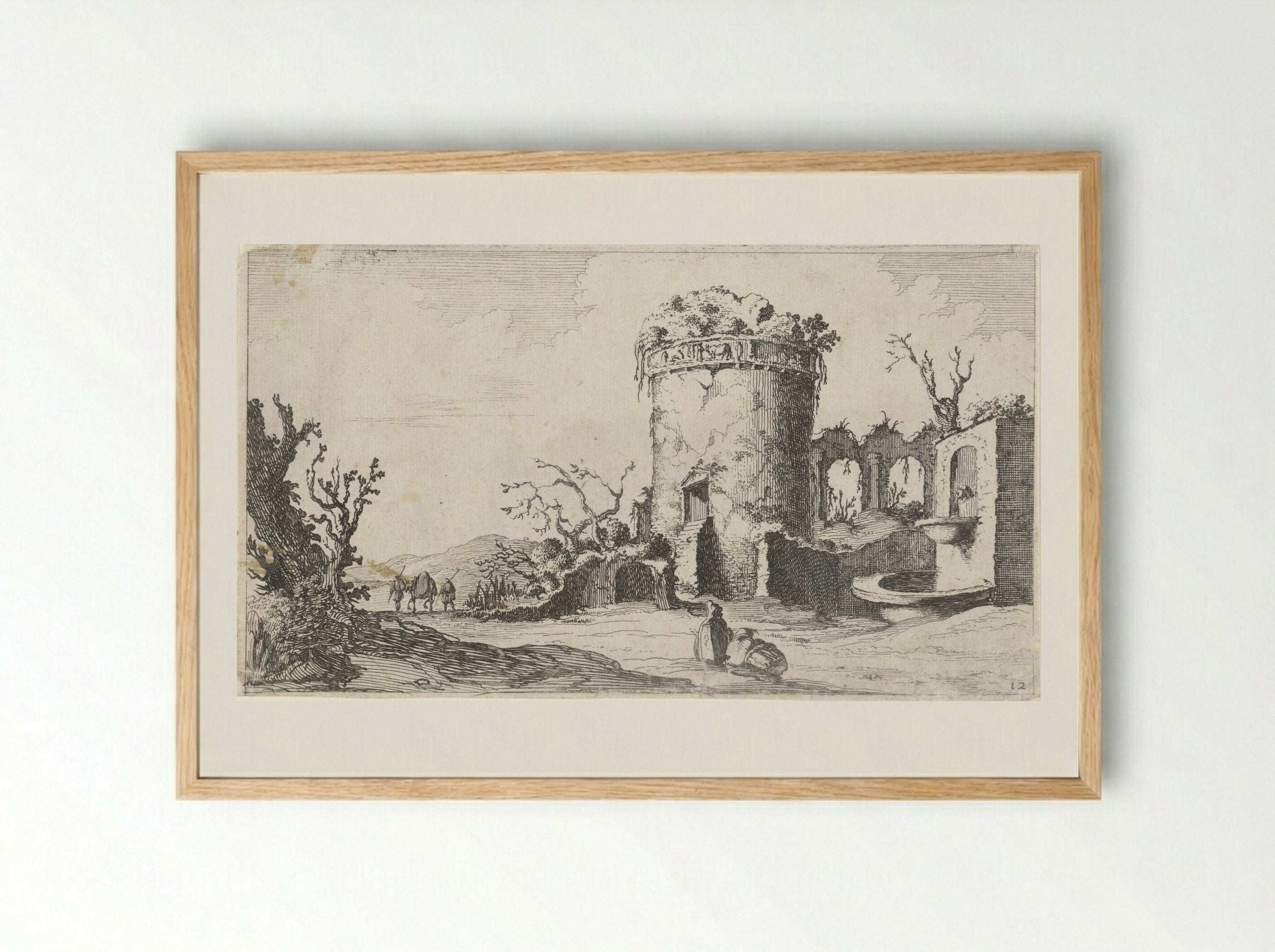 Fontein bij ruïne met een ronde toren - Gillis van Scheyndel (I) - Framed Print Wood