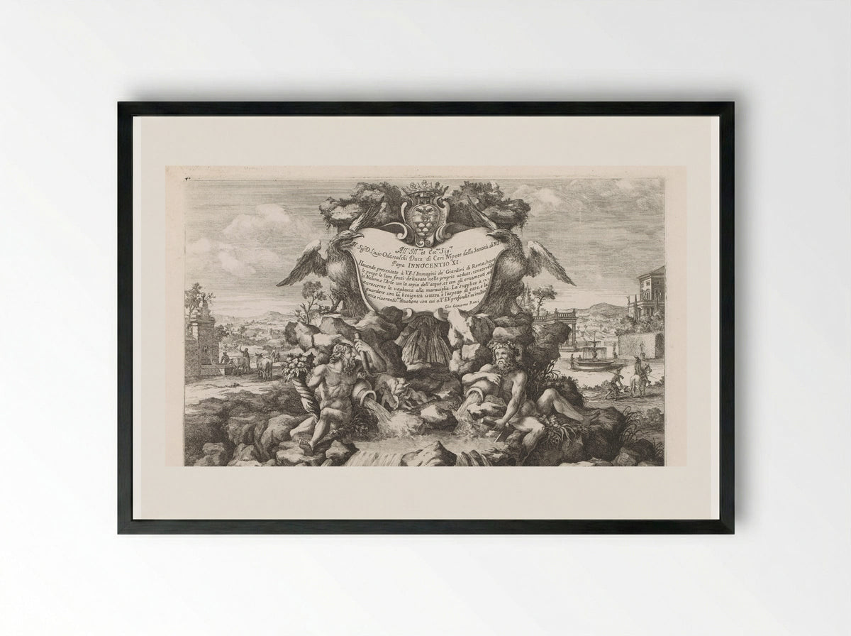 Fontein met opdracht aan en wapen van Livio Odescalchi - Giovanni Giacomo de' Rossi - Framed Print Black
