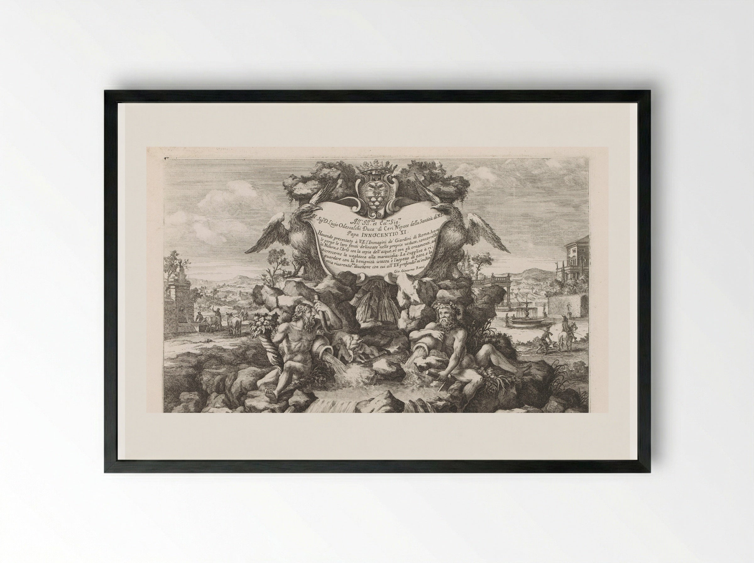 Fontein met opdracht aan en wapen van Livio Odescalchi - Giovanni Giacomo de' Rossi - Framed Print Black