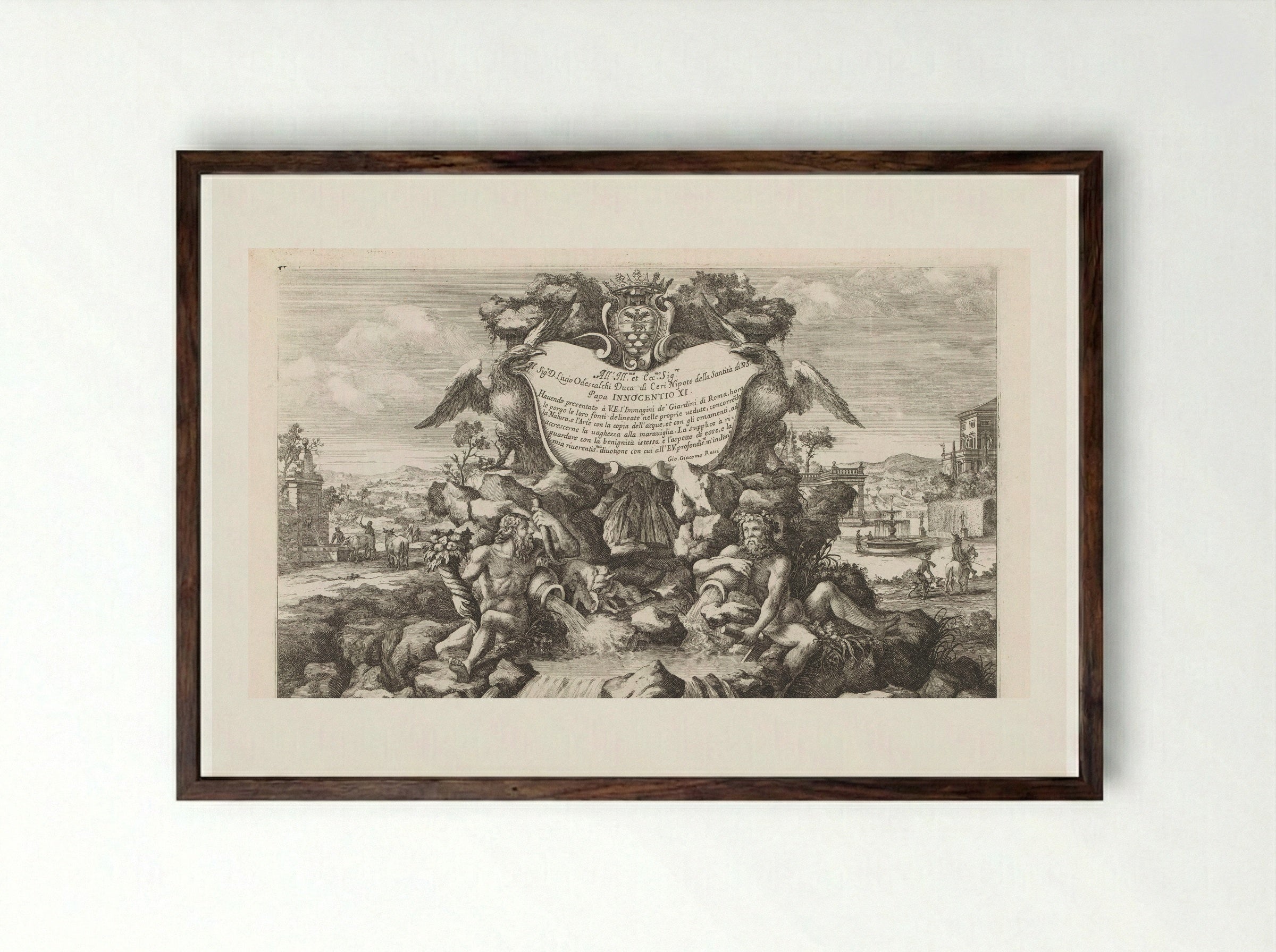 Fontein met opdracht aan en wapen van Livio Odescalchi - Giovanni Giacomo de' Rossi - Framed Print Dark Wood