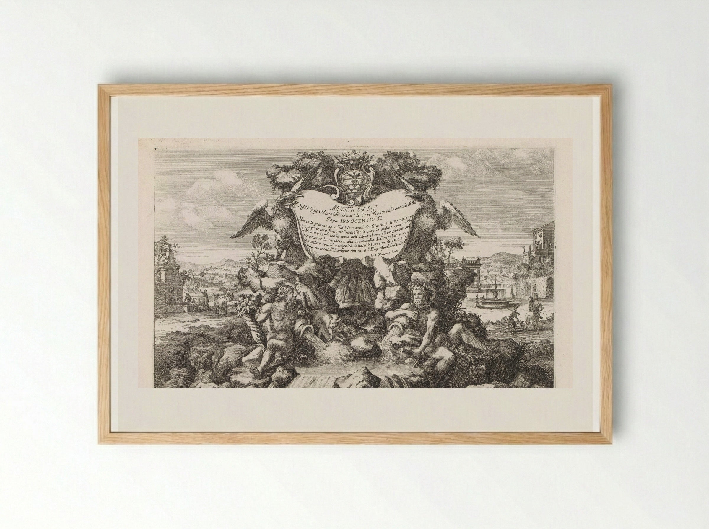 Fontein met opdracht aan en wapen van Livio Odescalchi - Giovanni Giacomo de' Rossi - Framed Print Wood