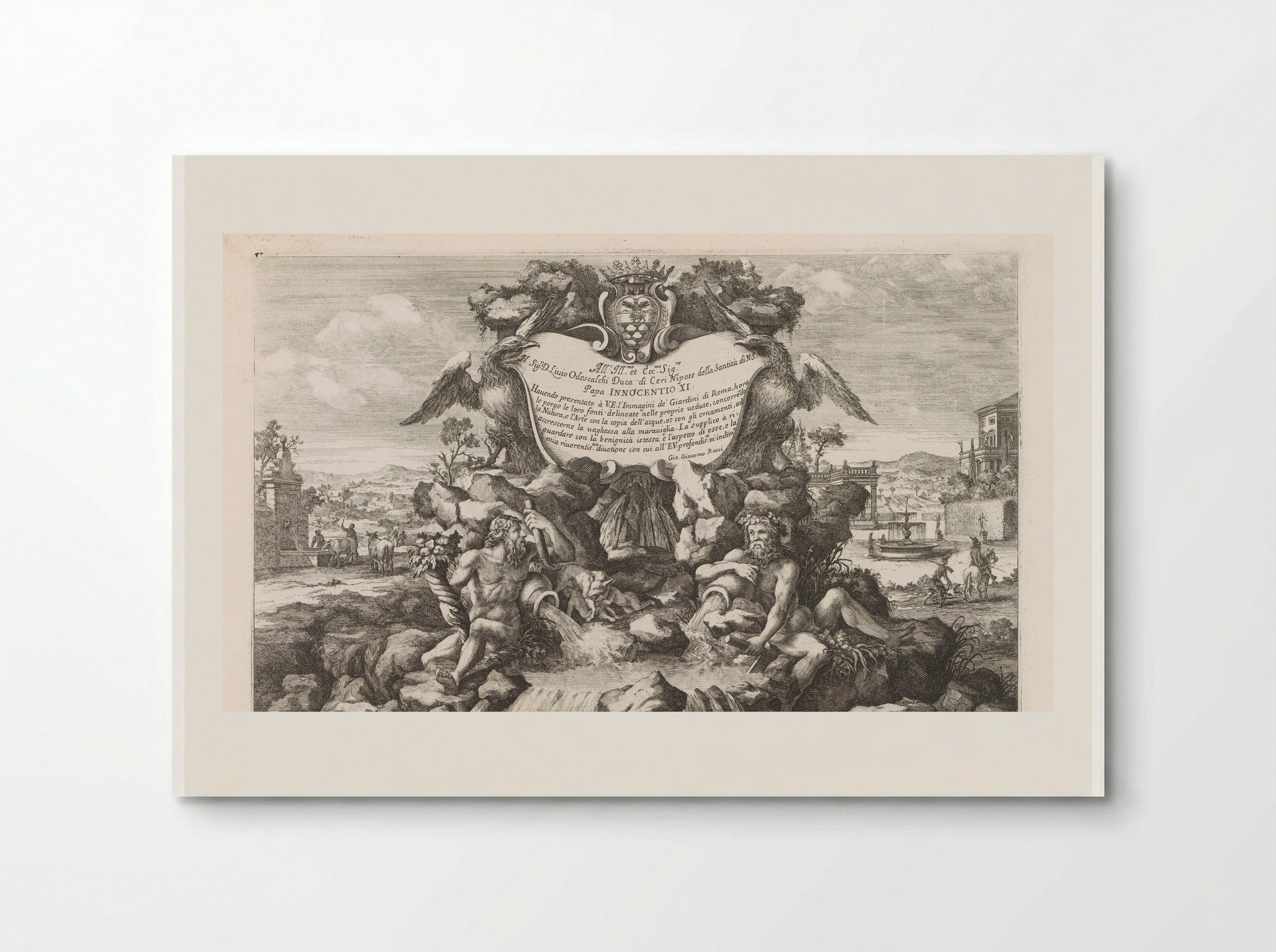 Fontein met opdracht aan en wapen van Livio Odescalchi - Giovanni Giacomo de' Rossi - Poster