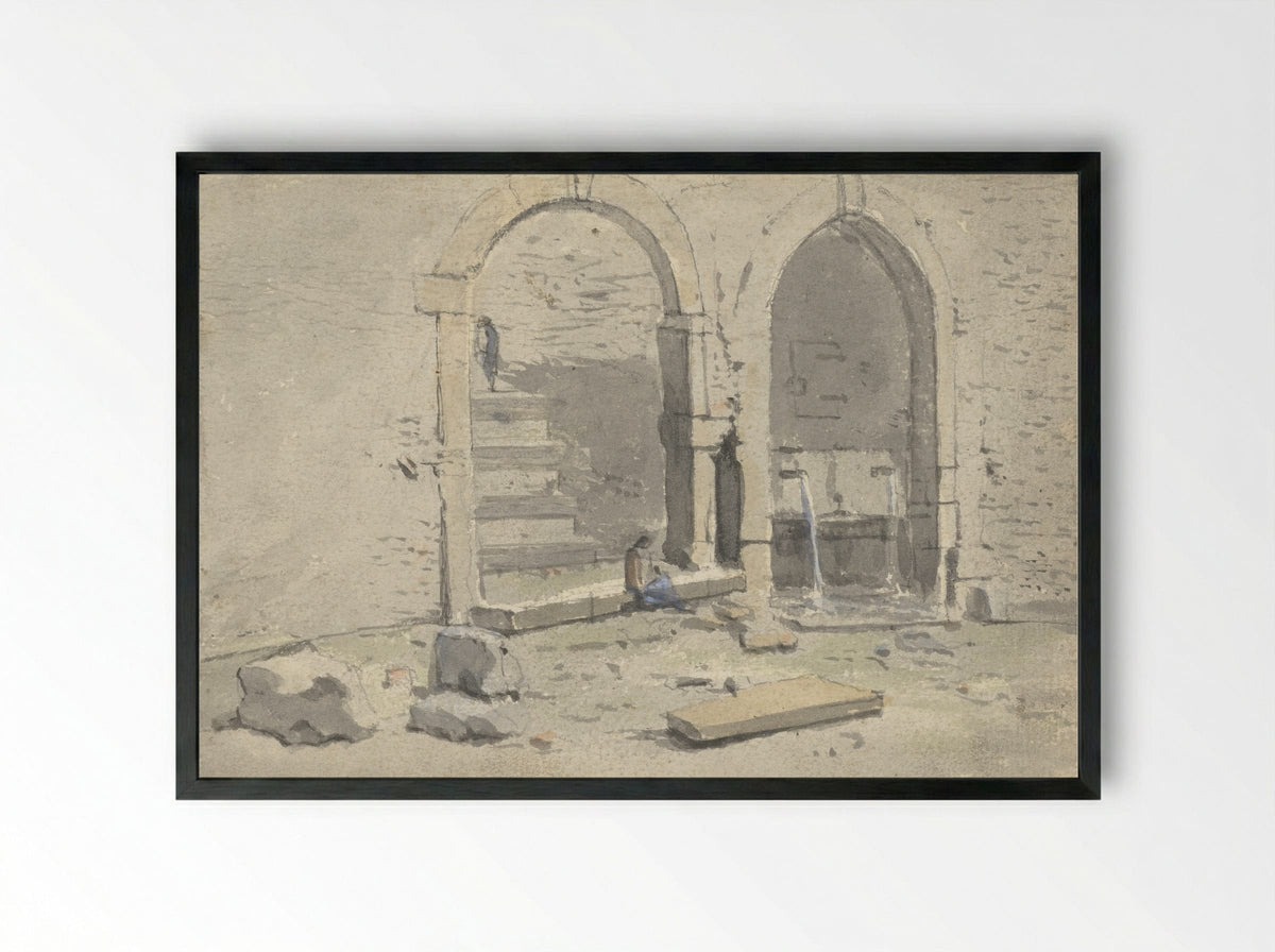 Fontein tegen een stadsmuur, waarin een trap is gebouwd - Theodoor Wilkens - Framed Print Black