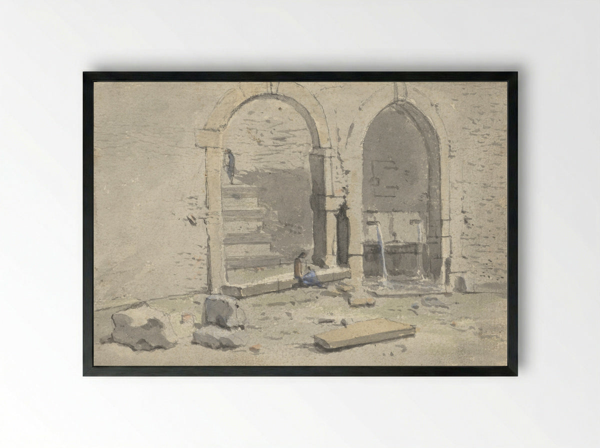 Fontein tegen een stadsmuur, waarin een trap is gebouwd - Theodoor Wilkens - Framed Print Black