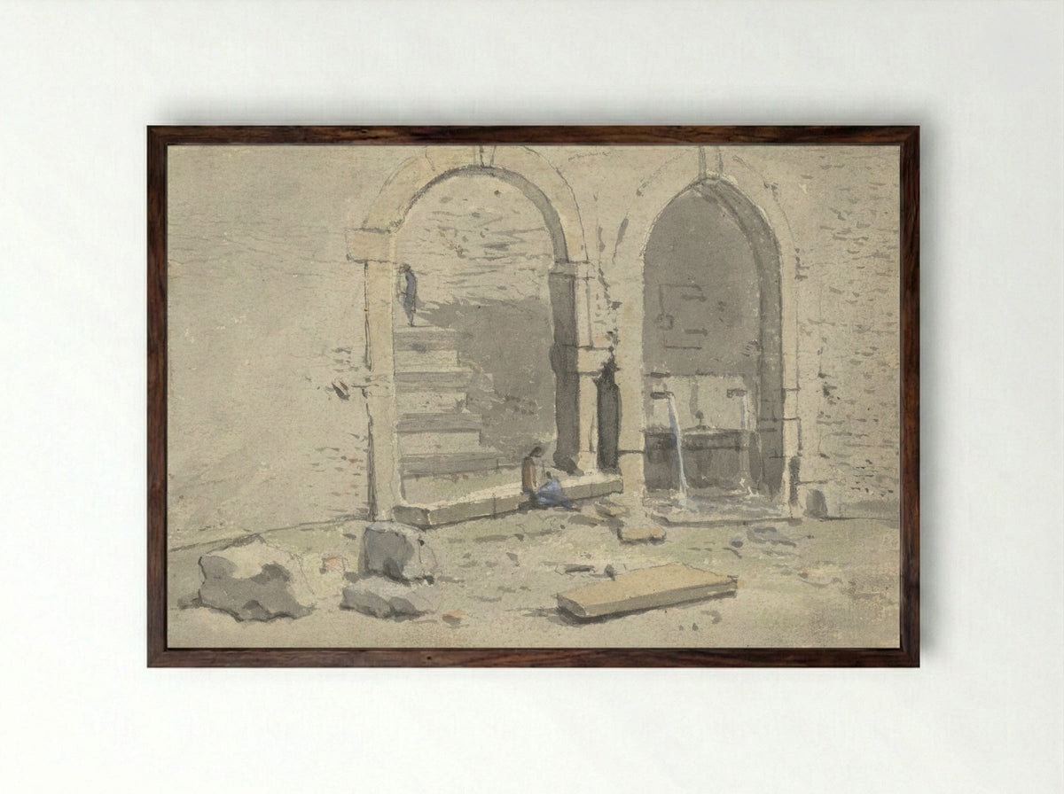Fontein tegen een stadsmuur, waarin een trap is gebouwd - Theodoor Wilkens - Framed Print Dark Wood