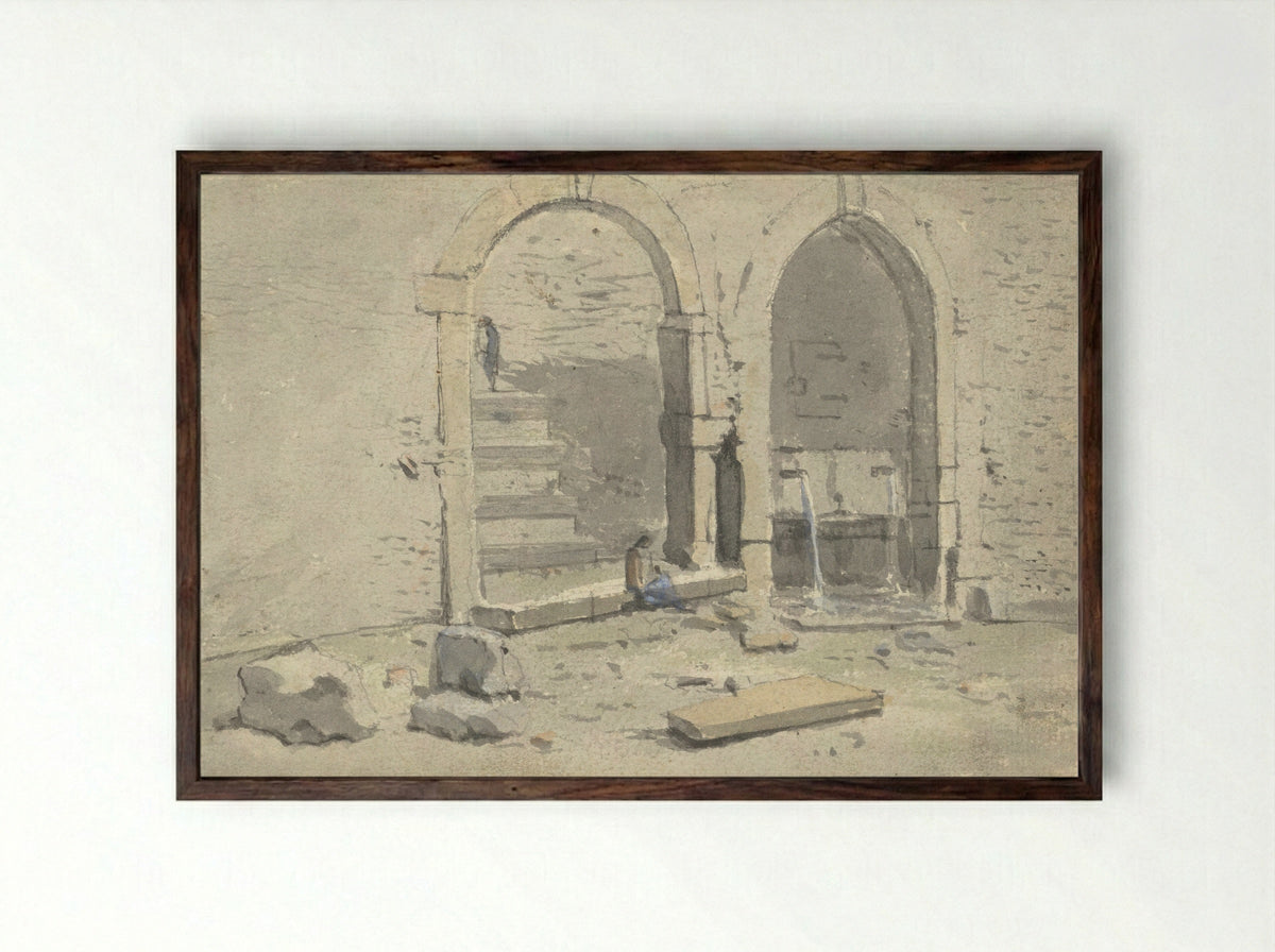 Fontein tegen een stadsmuur, waarin een trap is gebouwd - Theodoor Wilkens - Framed Print Dark Wood