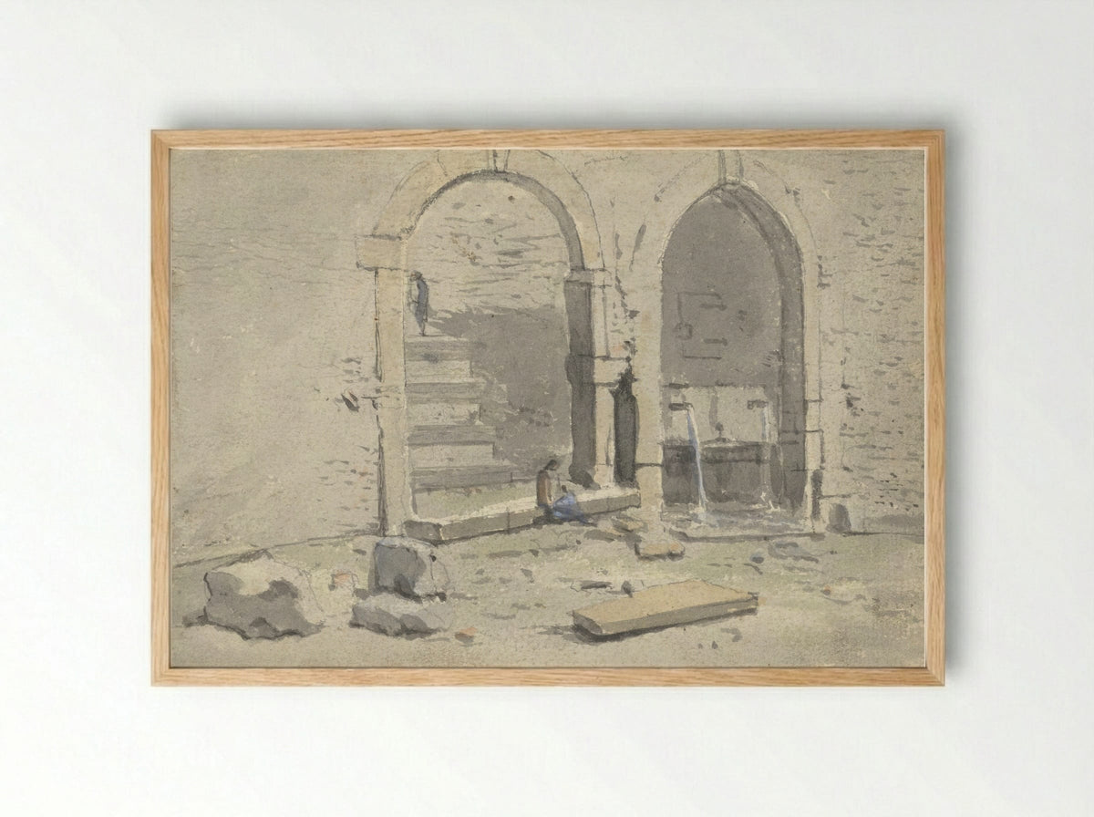Fontein tegen een stadsmuur, waarin een trap is gebouwd - Theodoor Wilkens - Framed Print Wood