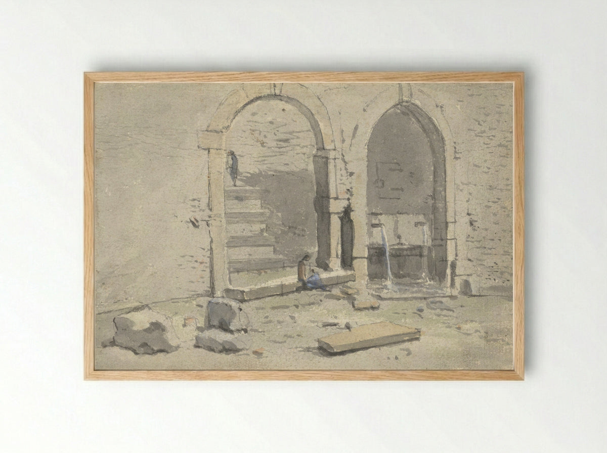 Fontein tegen een stadsmuur, waarin een trap is gebouwd - Theodoor Wilkens - Framed Print Wood