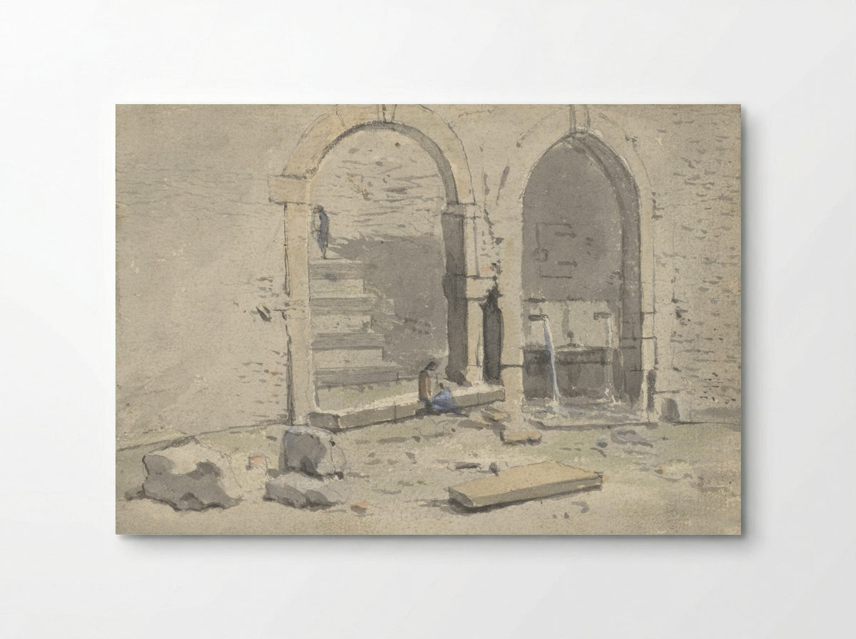 Fontein tegen een stadsmuur, waarin een trap is gebouwd - Theodoor Wilkens - Poster