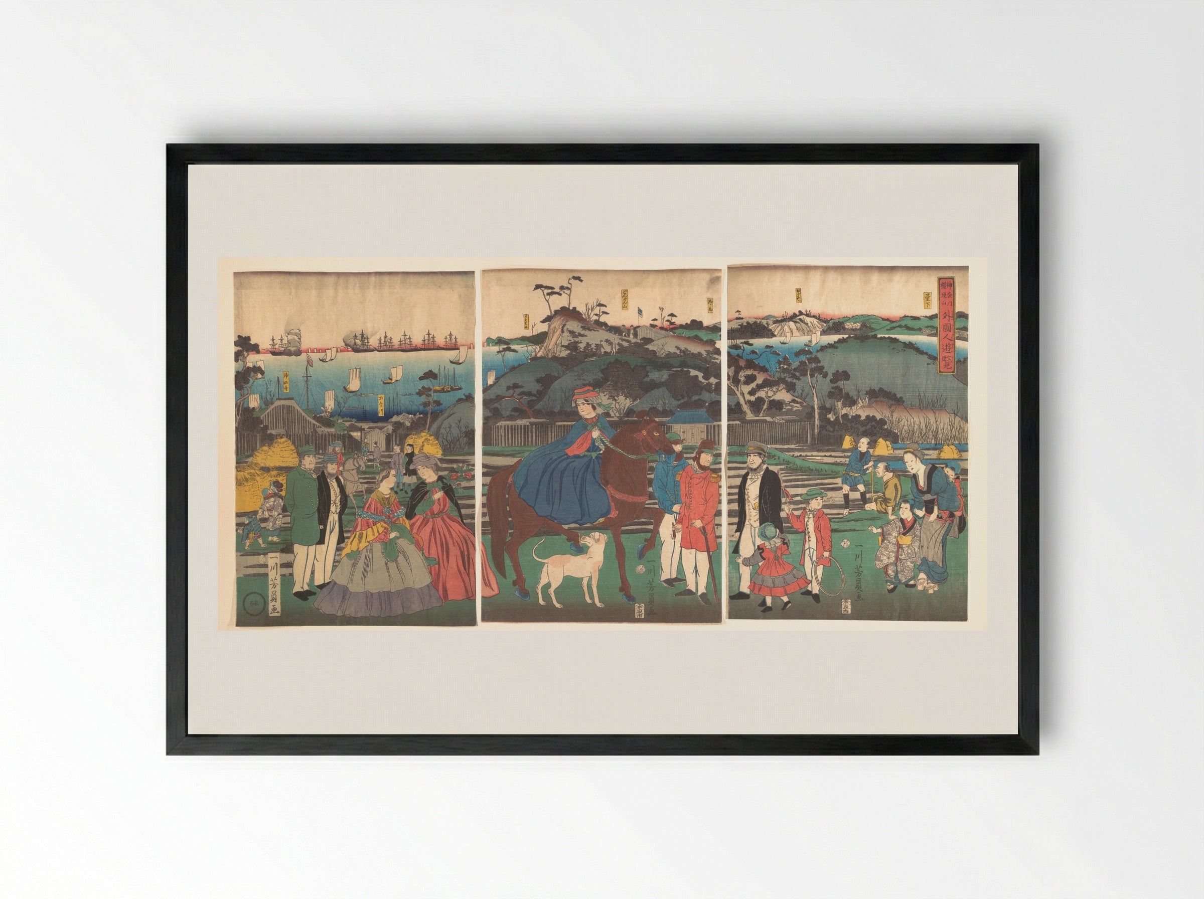 Foreigners Visiting the Famous Site of Mount Gongen in Kanagawa - Utagawa Yoshikazu - Framed Print Black