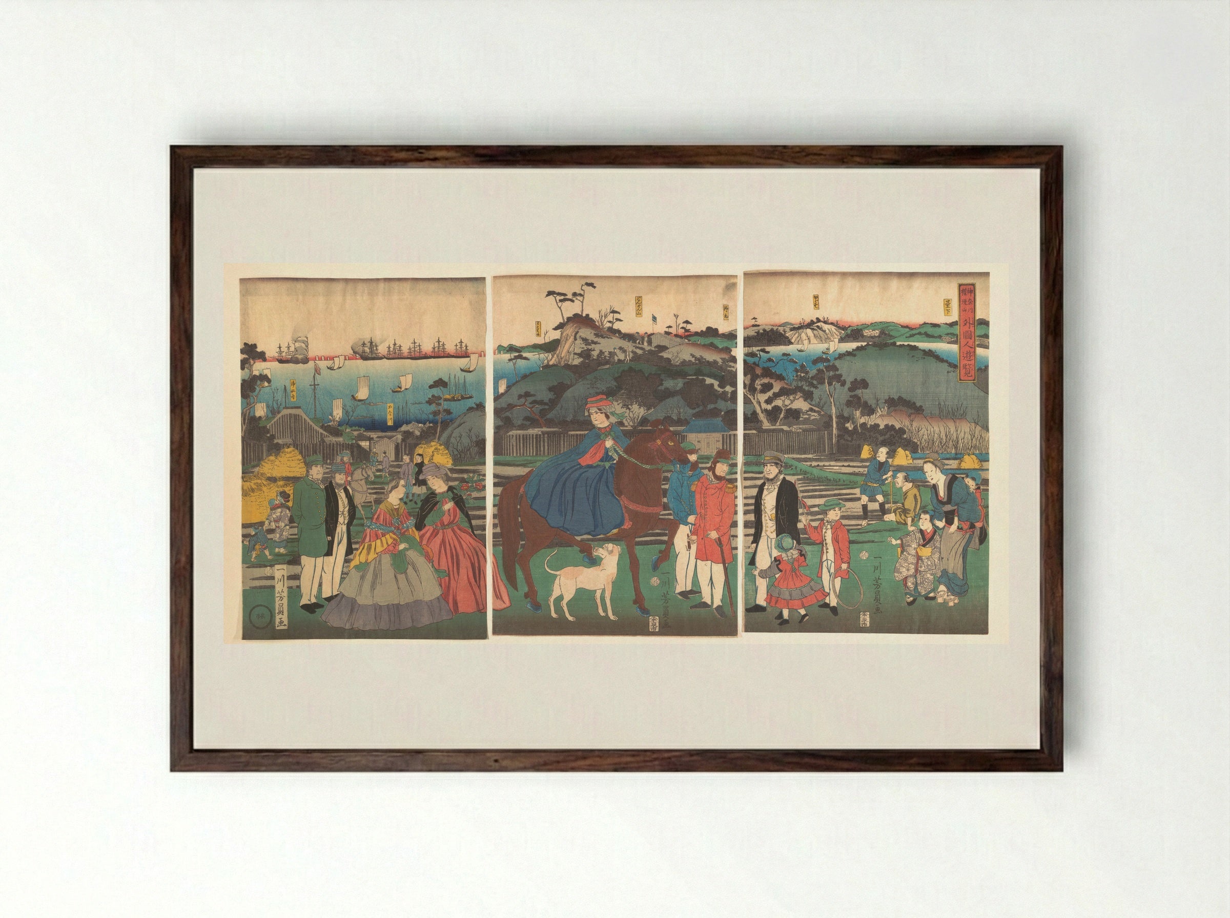 Foreigners Visiting the Famous Site of Mount Gongen in Kanagawa - Utagawa Yoshikazu - Framed Print Dark Wood