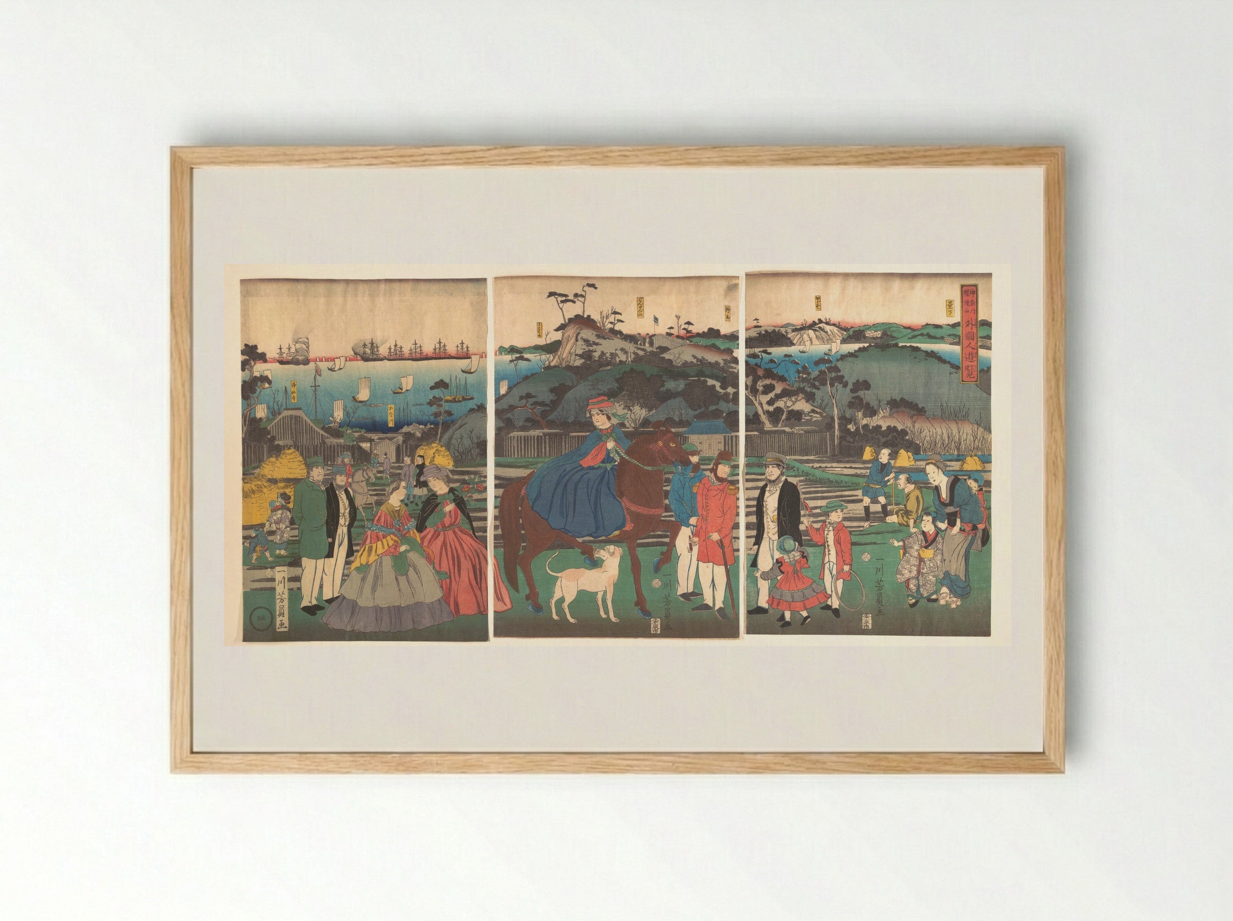 Foreigners Visiting the Famous Site of Mount Gongen in Kanagawa - Utagawa Yoshikazu - Framed Print Wood