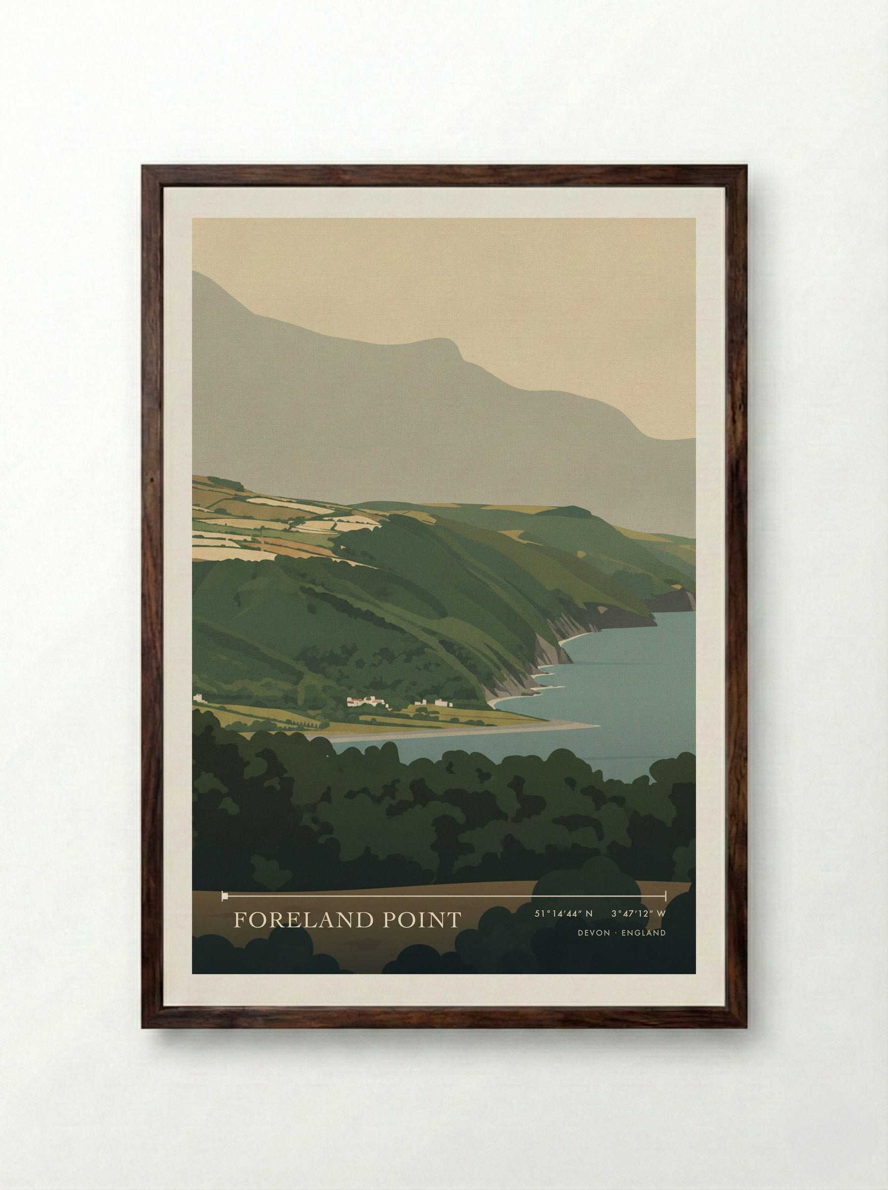 Foreland Point Devon England Travel Poster - Framed Print Dark Wood