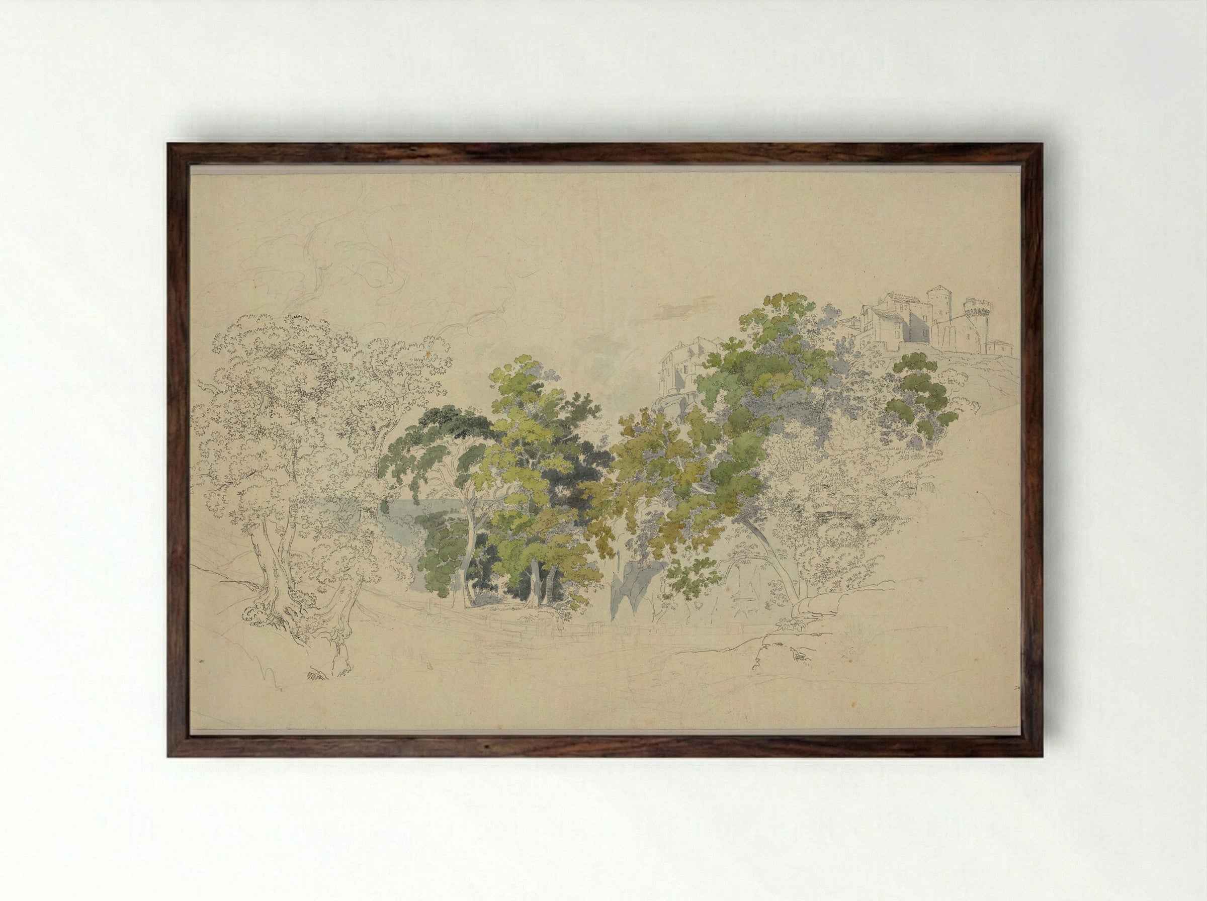 Forested Landscape below an Italian Village - Friedrich Salathé - Framed Print Dark Wood