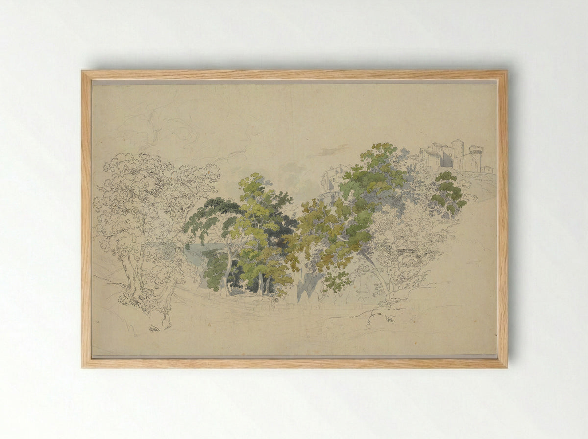 Forested Landscape below an Italian Village - Friedrich Salathé - Framed Print Wood