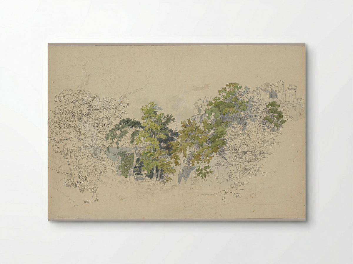 Forested Landscape below an Italian Village - Friedrich Salathé - Poster