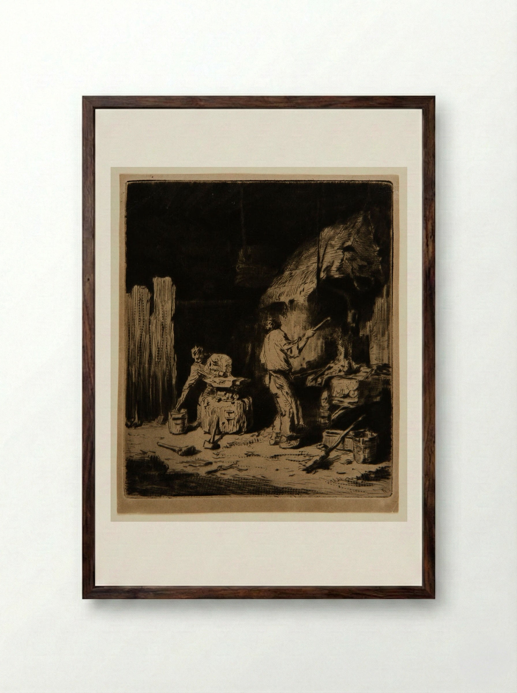 Forge - Charles-Émile Jacque - Framed Print Dark Wood