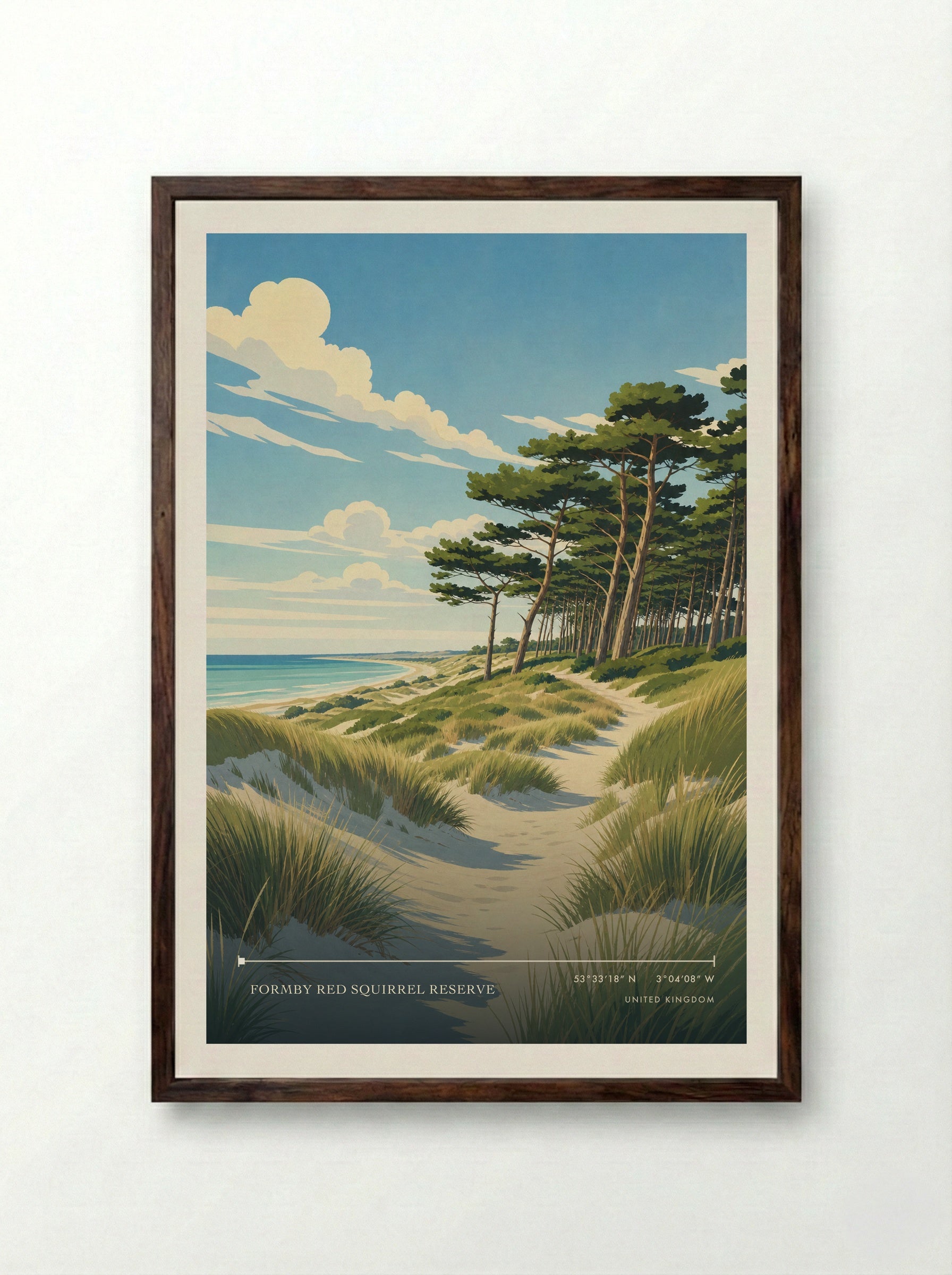 Formby Red Squirrel Reserve United Kingdom Travel Poster - Framed Print Dark Wood