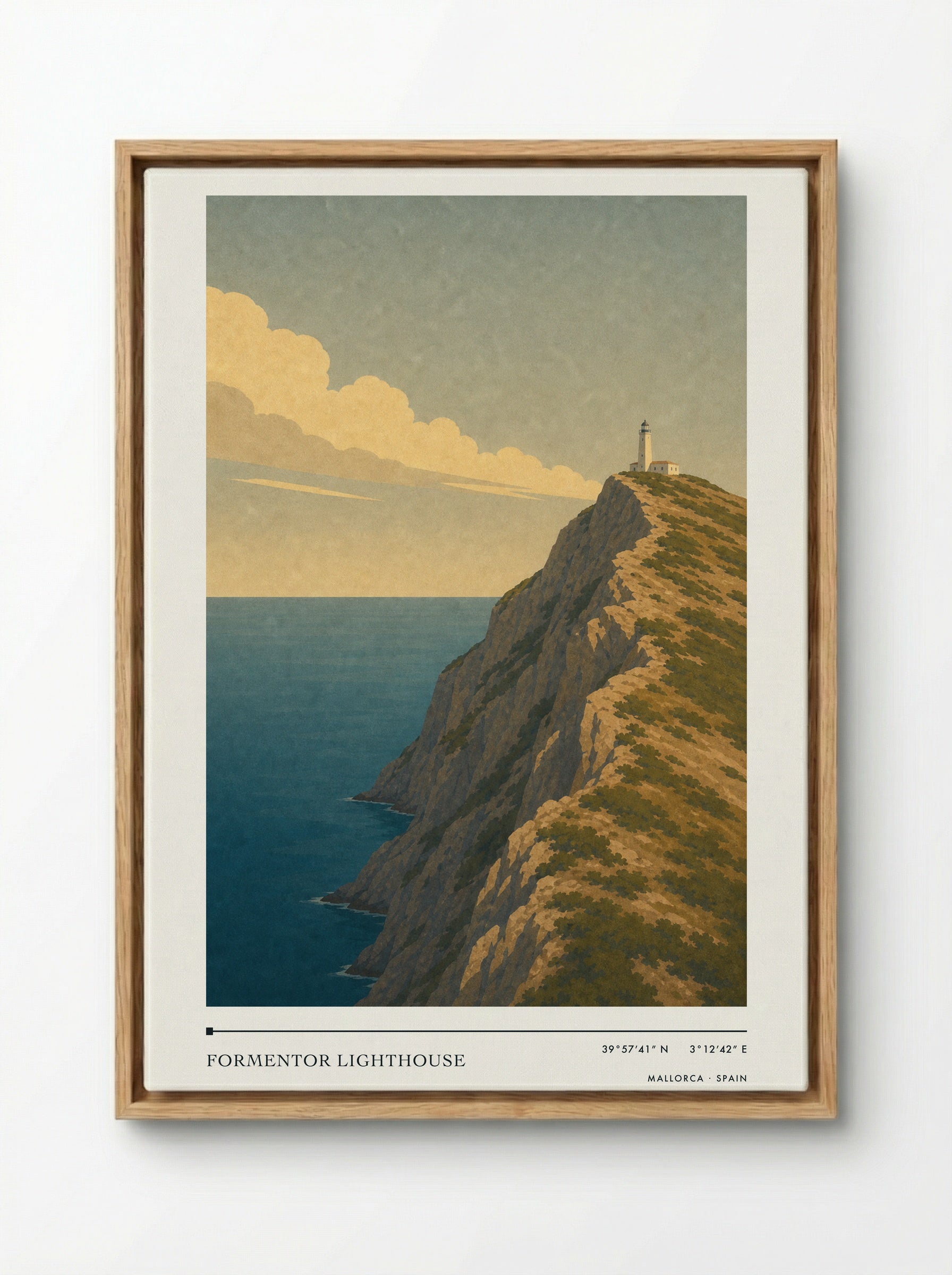 Formentor Lighthouse Travel Poster Artwork - Framed Canvas Wood
