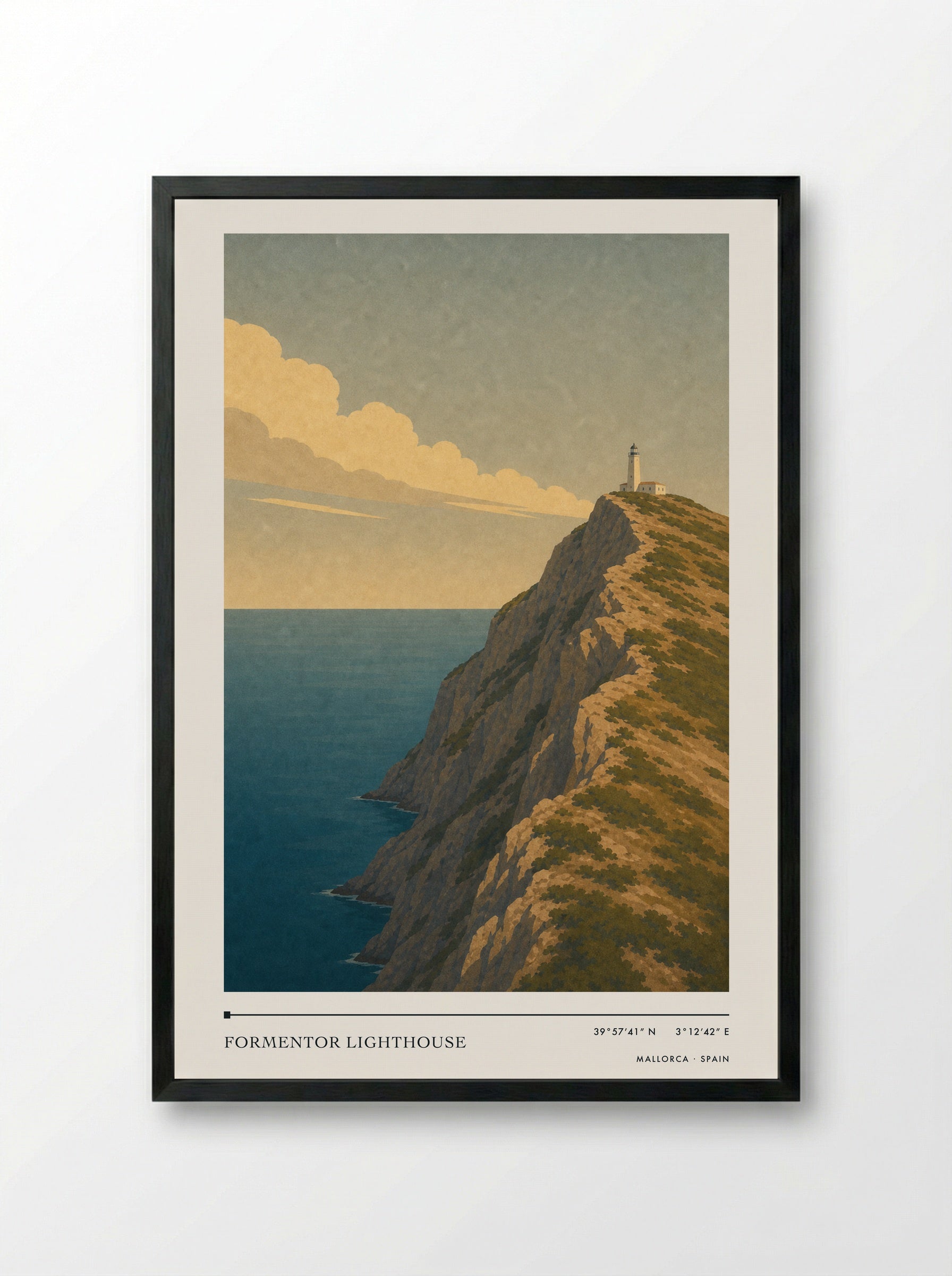 Formentor Lighthouse Travel Poster Artwork - Framed Print Black