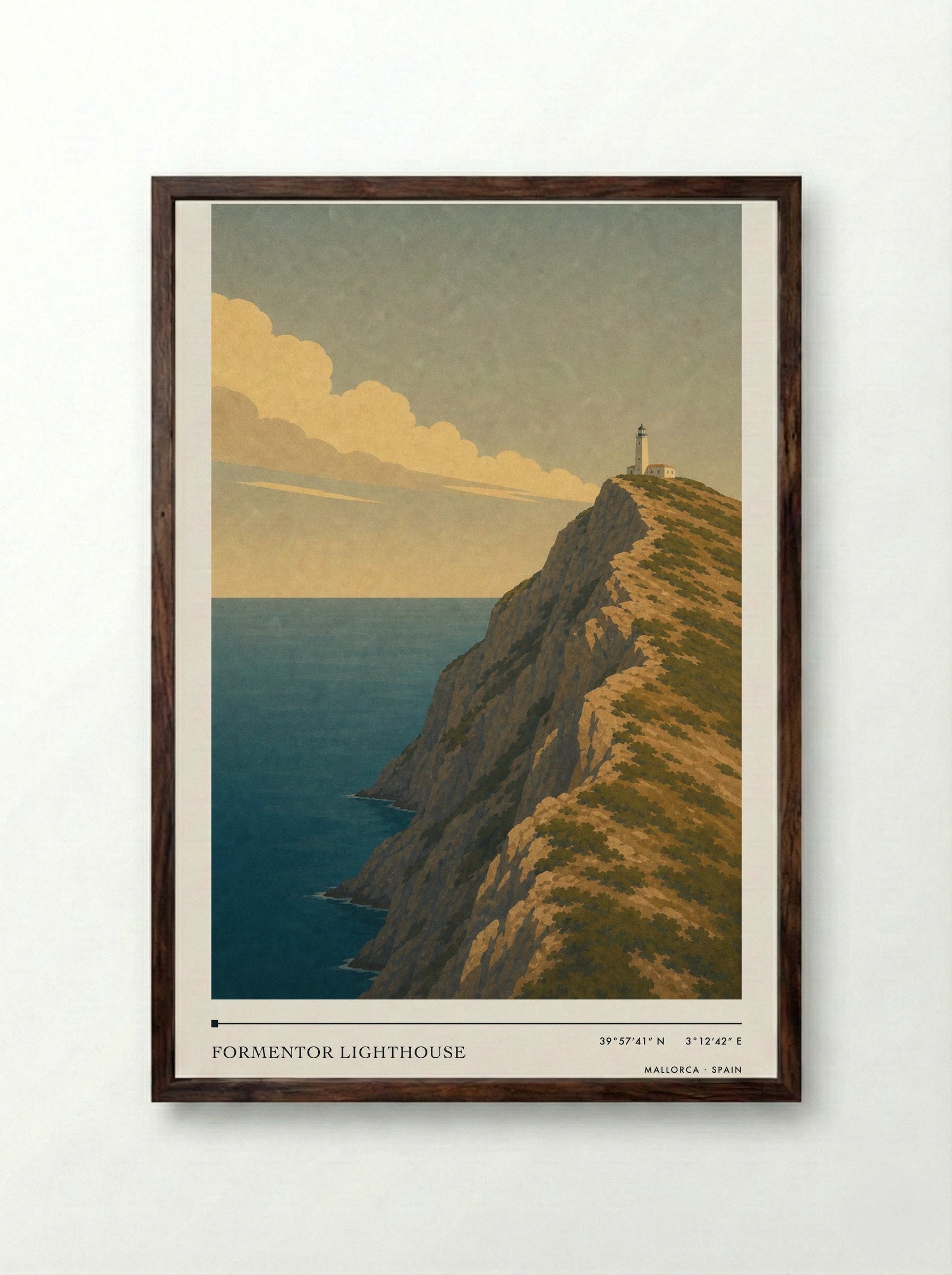 Formentor Lighthouse Travel Poster Artwork - Framed Print Dark Wood