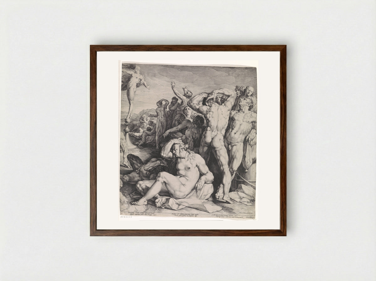Fortuna verdeelt haar geschenken (rechter blad) - Cornelis Cornelisz. van Haarlem - Framed Print Dark Wood