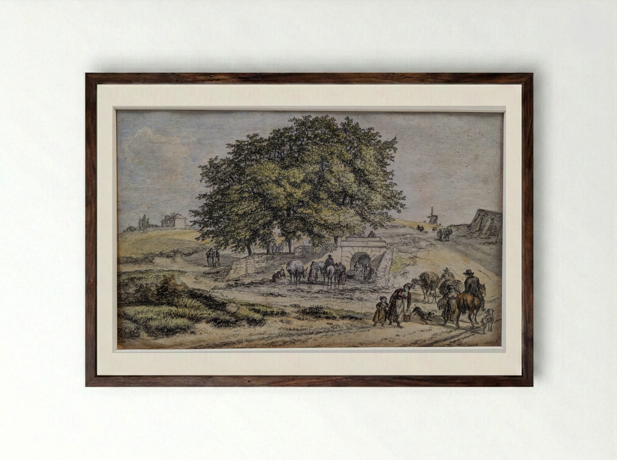 Fountain Near the Hill of Montmartre - Georges Michel - Framed Print Dark Wood