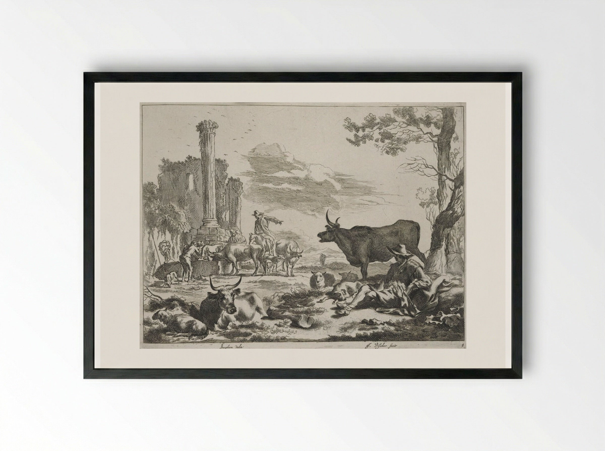 Fountain among Antique Ruins - Johannes Visscher - Framed Print Black