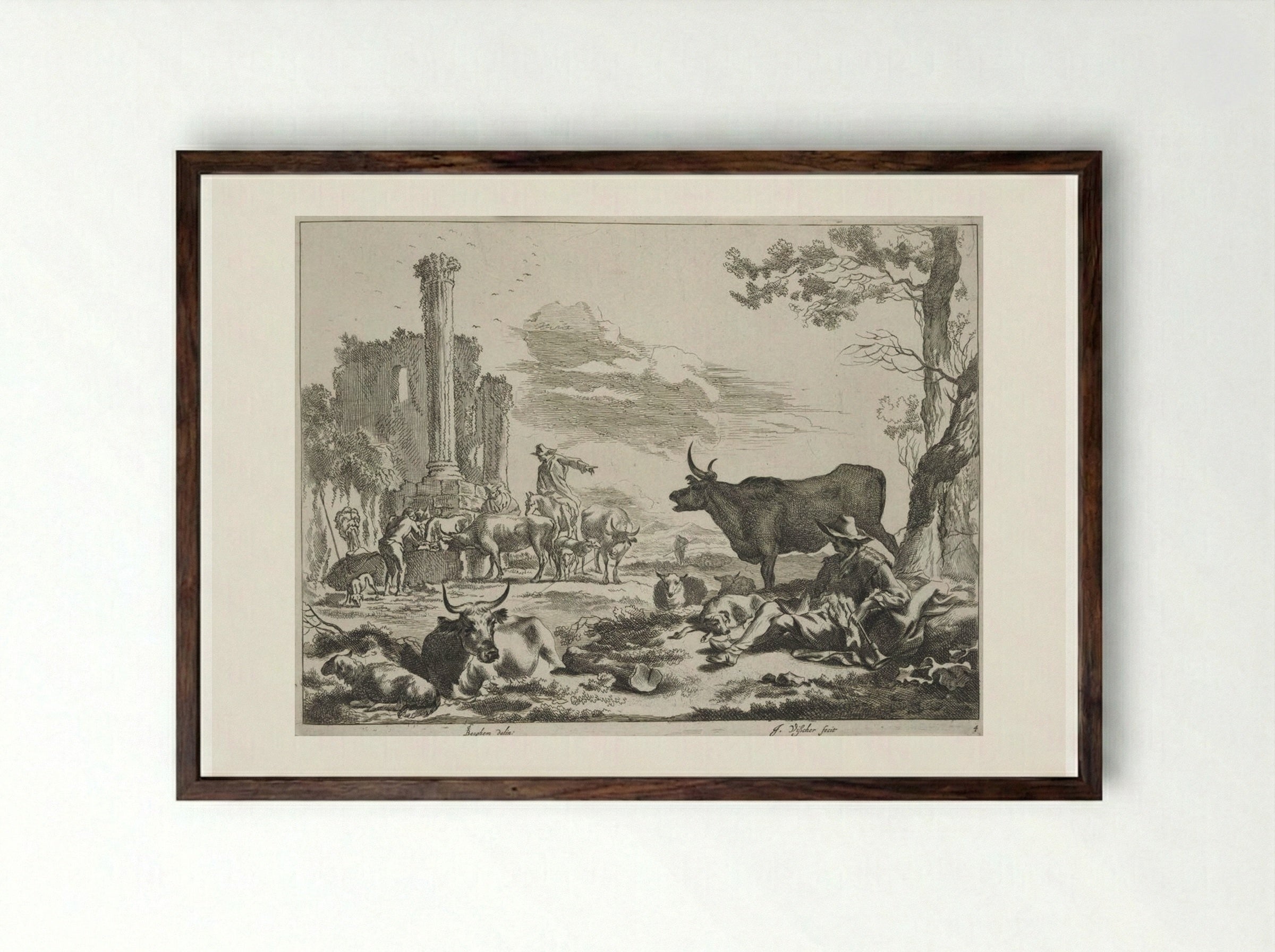 Fountain among Antique Ruins - Johannes Visscher - Framed Print Dark Wood