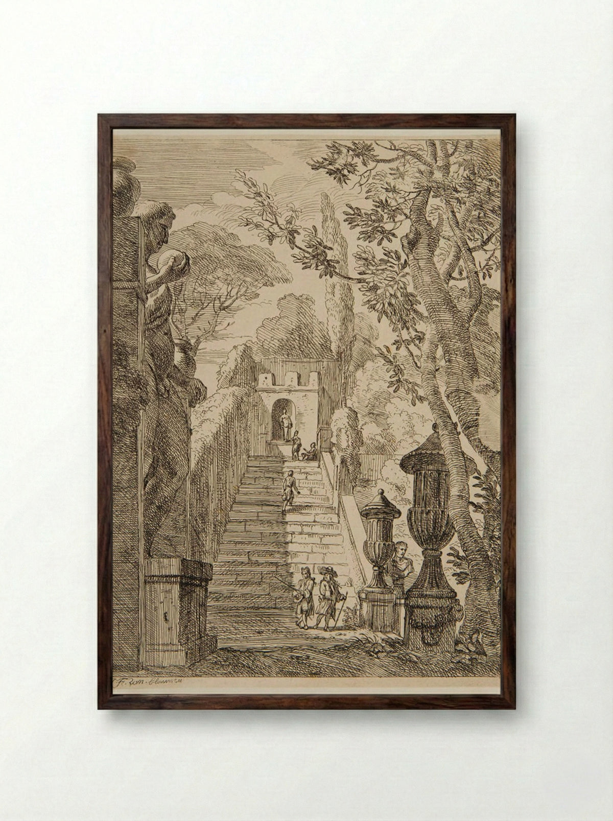 Fountain at the Head of a Stairway - Jan Frans van Bloemen - Framed Print Dark Wood