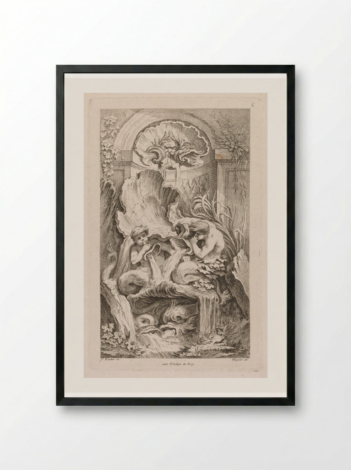 Fountain with Two Tritons Blowing Conch Shells - Gabriel Huquier - Framed Print Black
