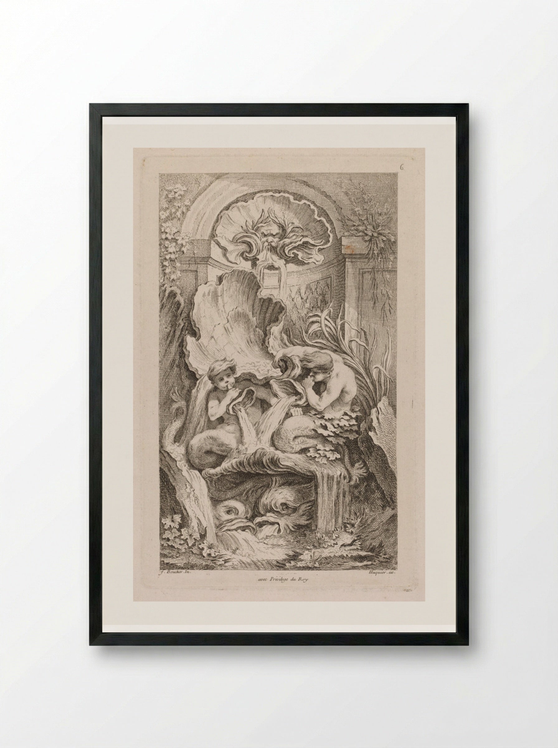 Fountain with Two Tritons Blowing Conch Shells - Gabriel Huquier - Framed Print Black