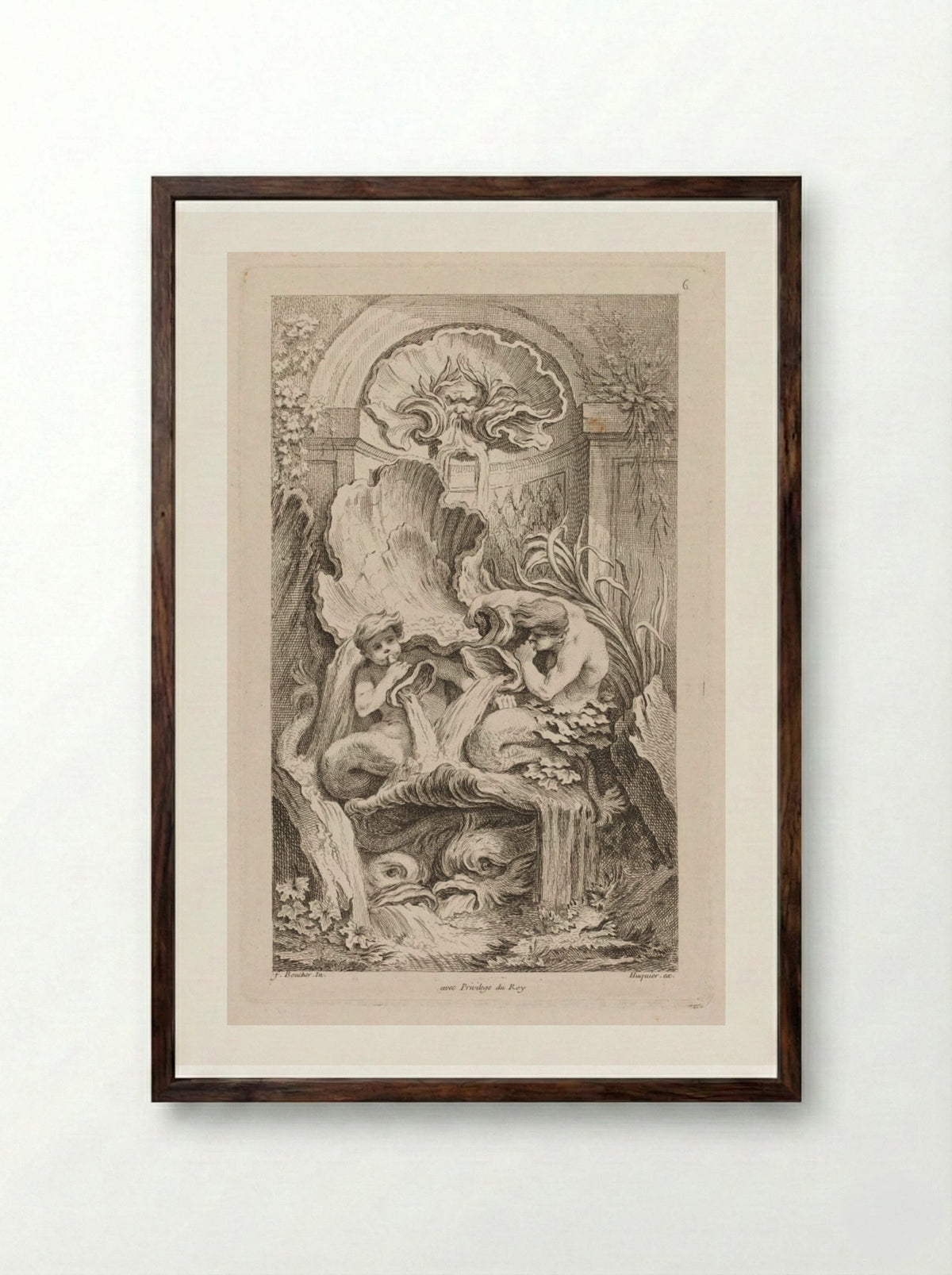 Fountain with Two Tritons Blowing Conch Shells - Gabriel Huquier - Framed Print Dark Wood