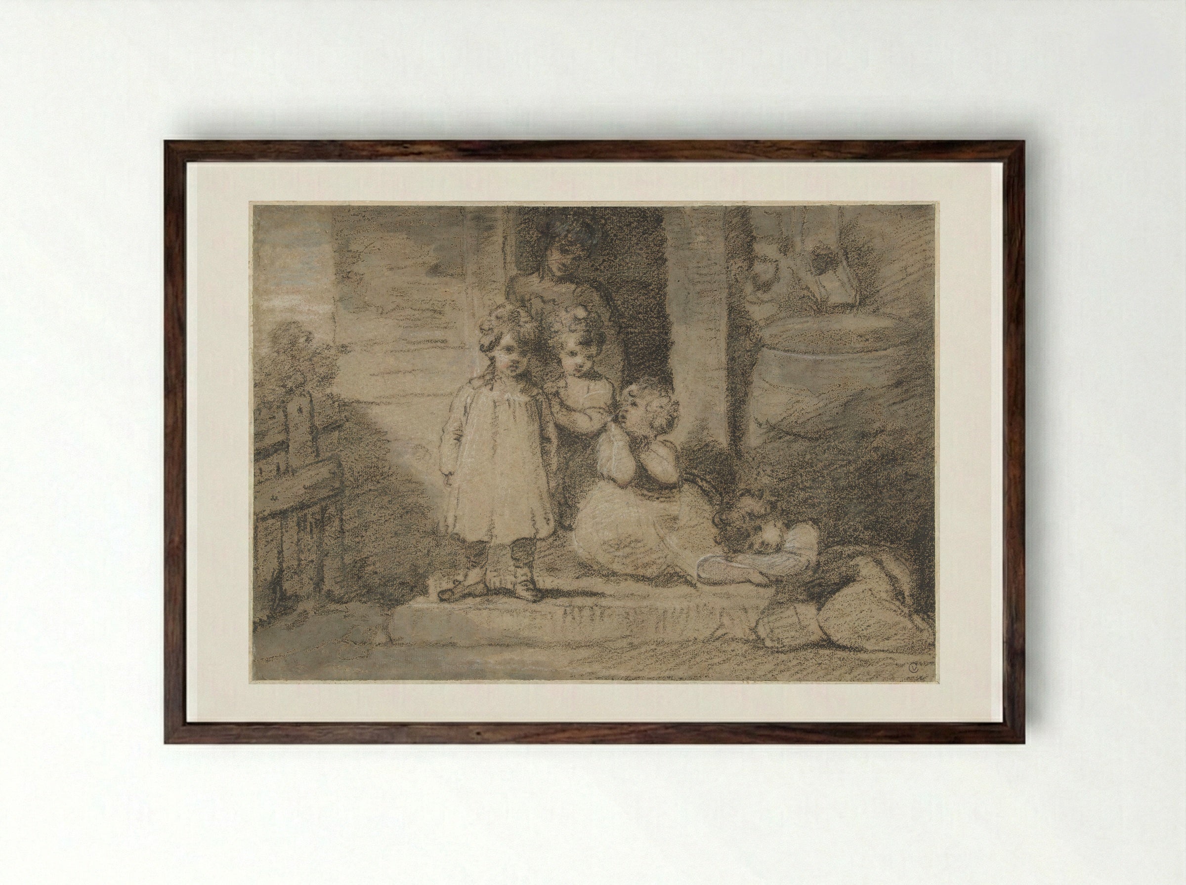 Four Children and an Older Girl - John Hoppner - Framed Print Dark Wood