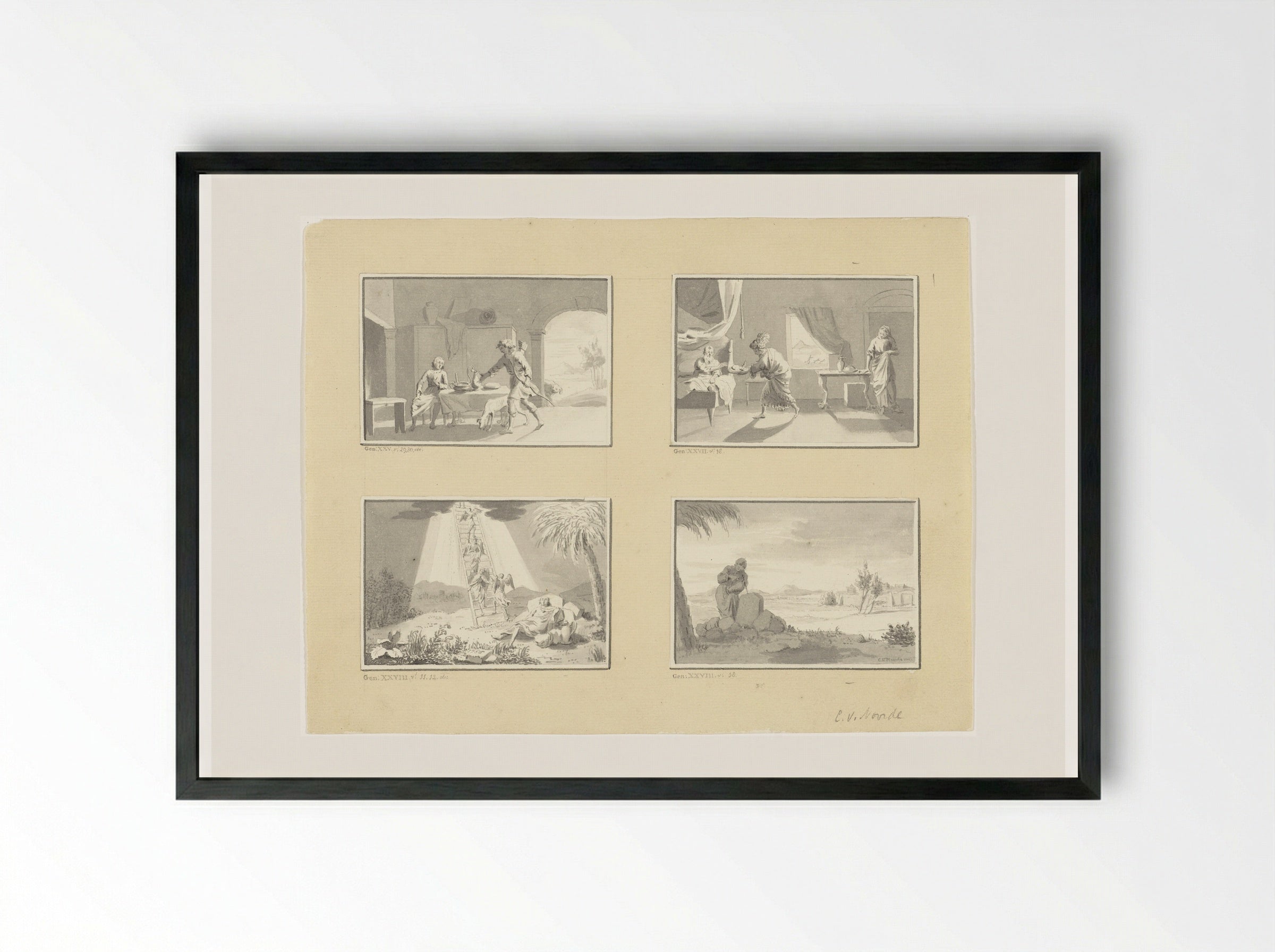 Four Illustrations from the Story of Isaac, Jacob and Esau - Cornelis van Noorde - Framed Print Black