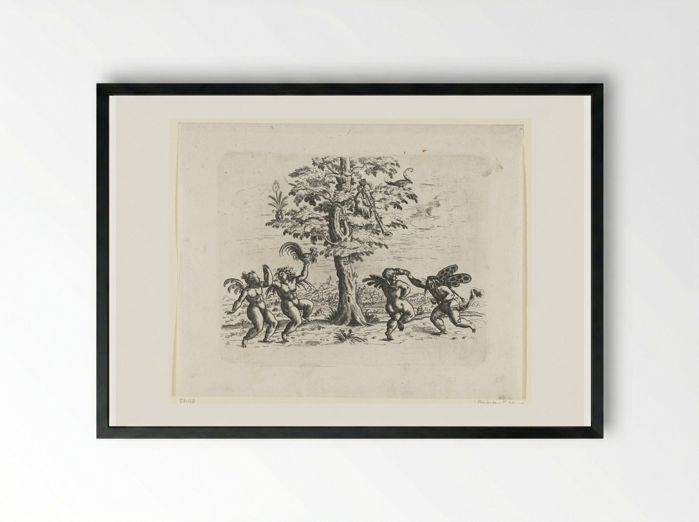 Four Putti Dancing by a Tree - Christoph Jamnitzer - Framed Print Black