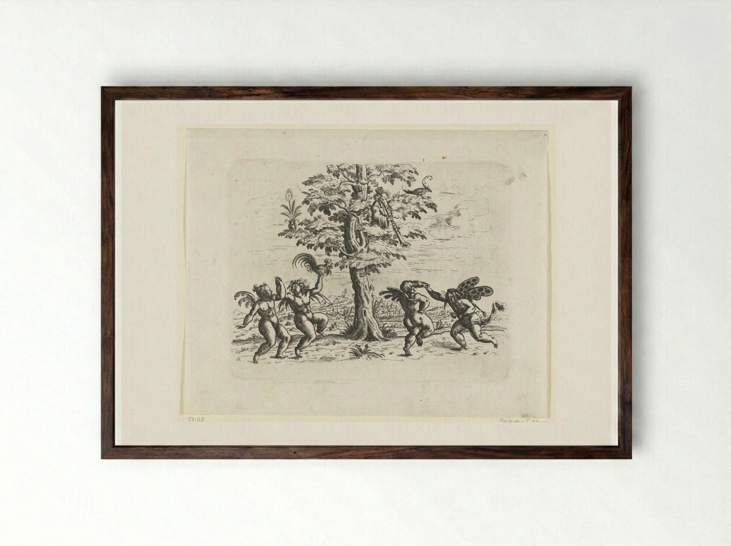 Four Putti Dancing by a Tree - Christoph Jamnitzer - Framed Print Dark Wood
