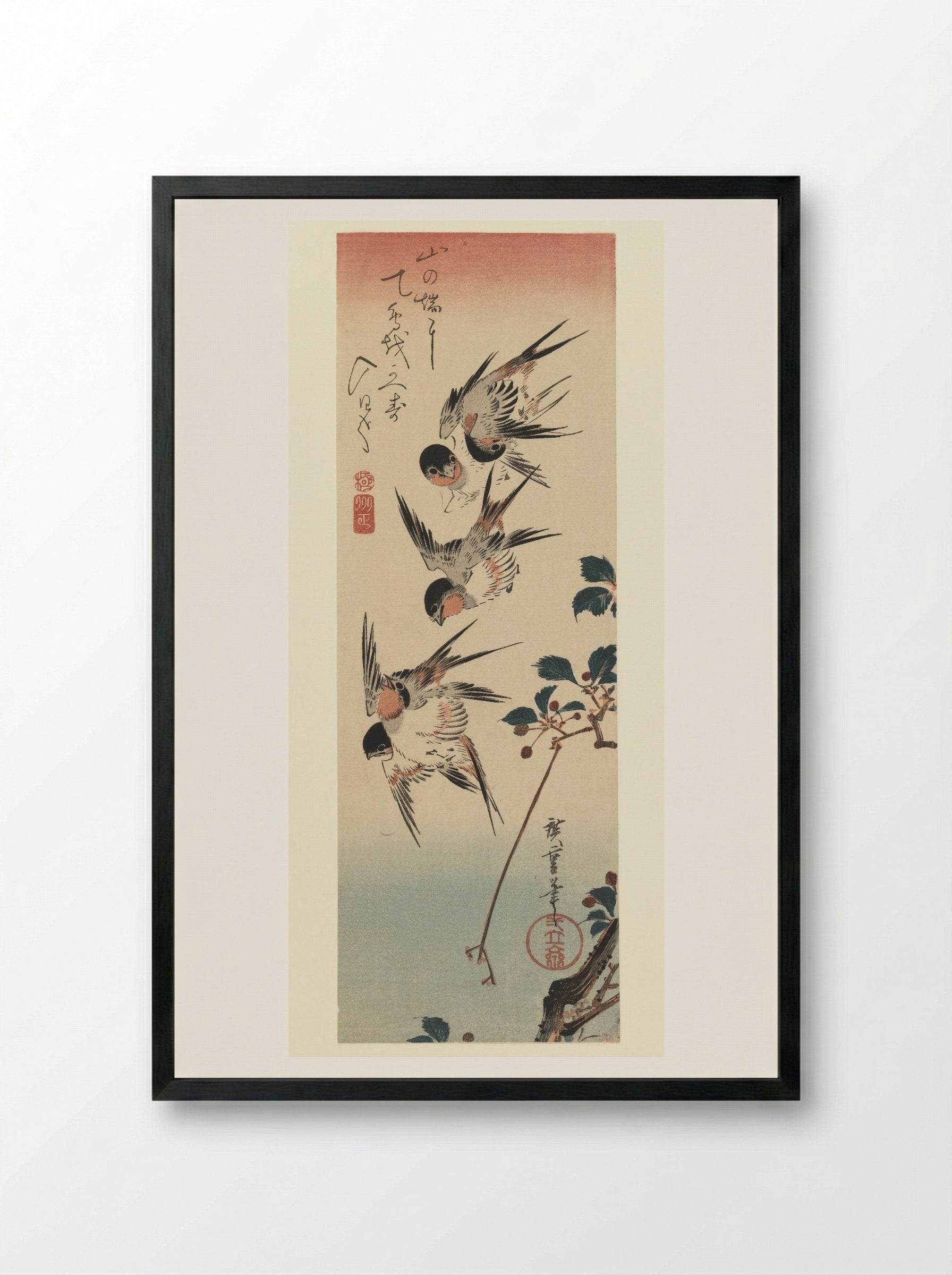 Four Swallows - Utagawa Hiroshige - Framed Print Black
