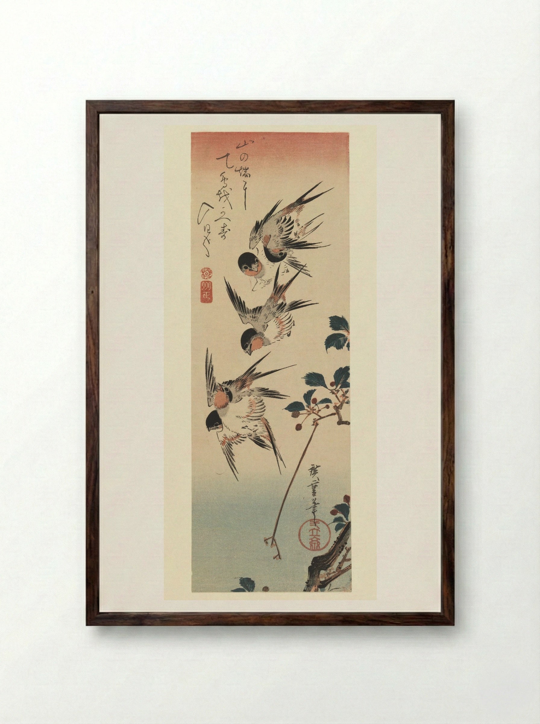 Four Swallows - Utagawa Hiroshige - Framed Print Dark Wood